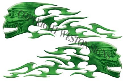 Custom Green Motorcycle Gas Tank with Tribal Skull & Flames Design - Perfect for Harley, Chopper & Cruiser Bike Accessories