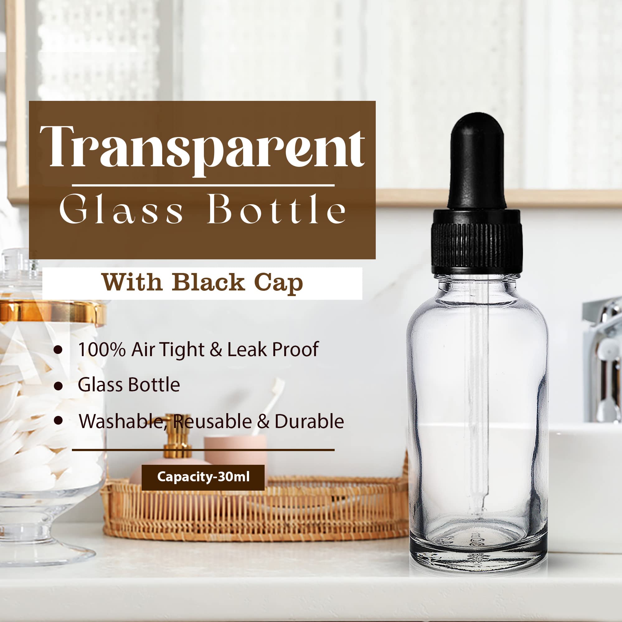 NSB Herbals 30ml Clear Round Empty Glass Bottle with Glass Dropper, Black Ring & Silicone Teat - Refillable Essential Oil, Perfume & Blend Container (Pack of 3) - Perfect for Aromatherapy, DIY Beauty Products & Travel Size Liquids