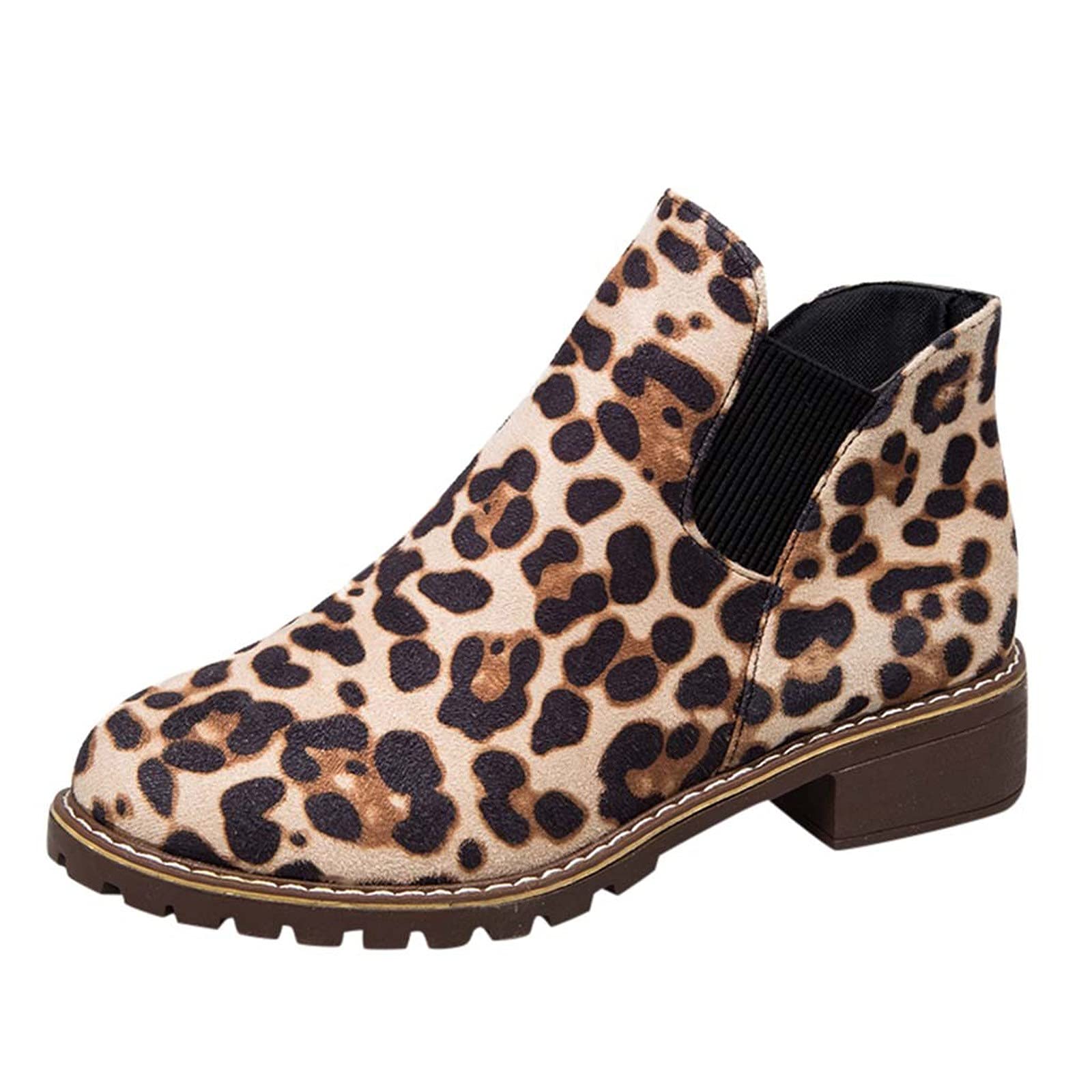 RUIY Women's Leopard Print Flock Ankle Boots - Fashion Casual Dress Booties for Short Ladies, Size 7.5 - Perfect for Office, Party & Everyday Wear