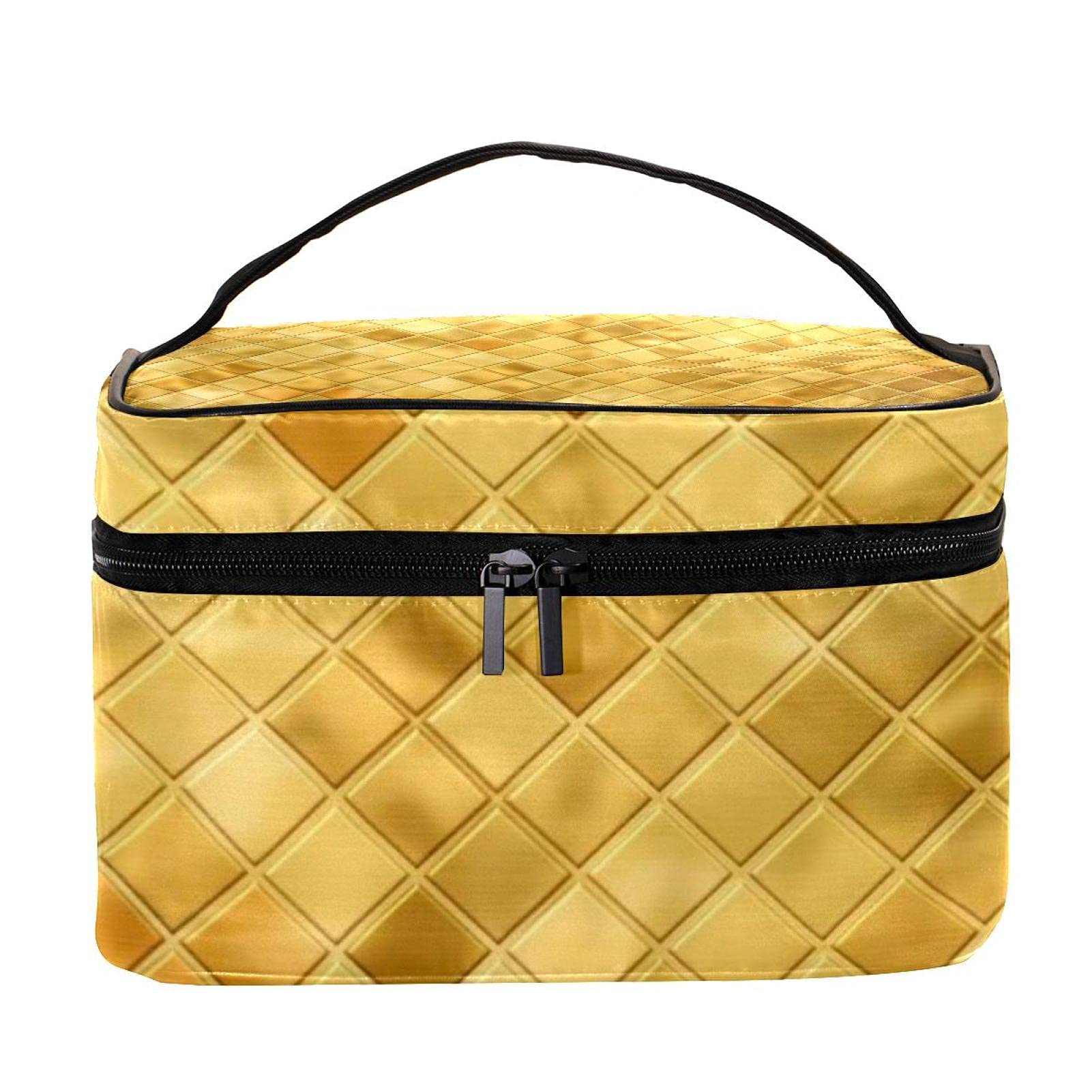 Gold Tile Pattern Large Travel Makeup Bag - Waterproof Cosmetic Organizer Case with Zipper for Women & Girls | Perfect for Vacation, Gym, and Daily Essentials Storage