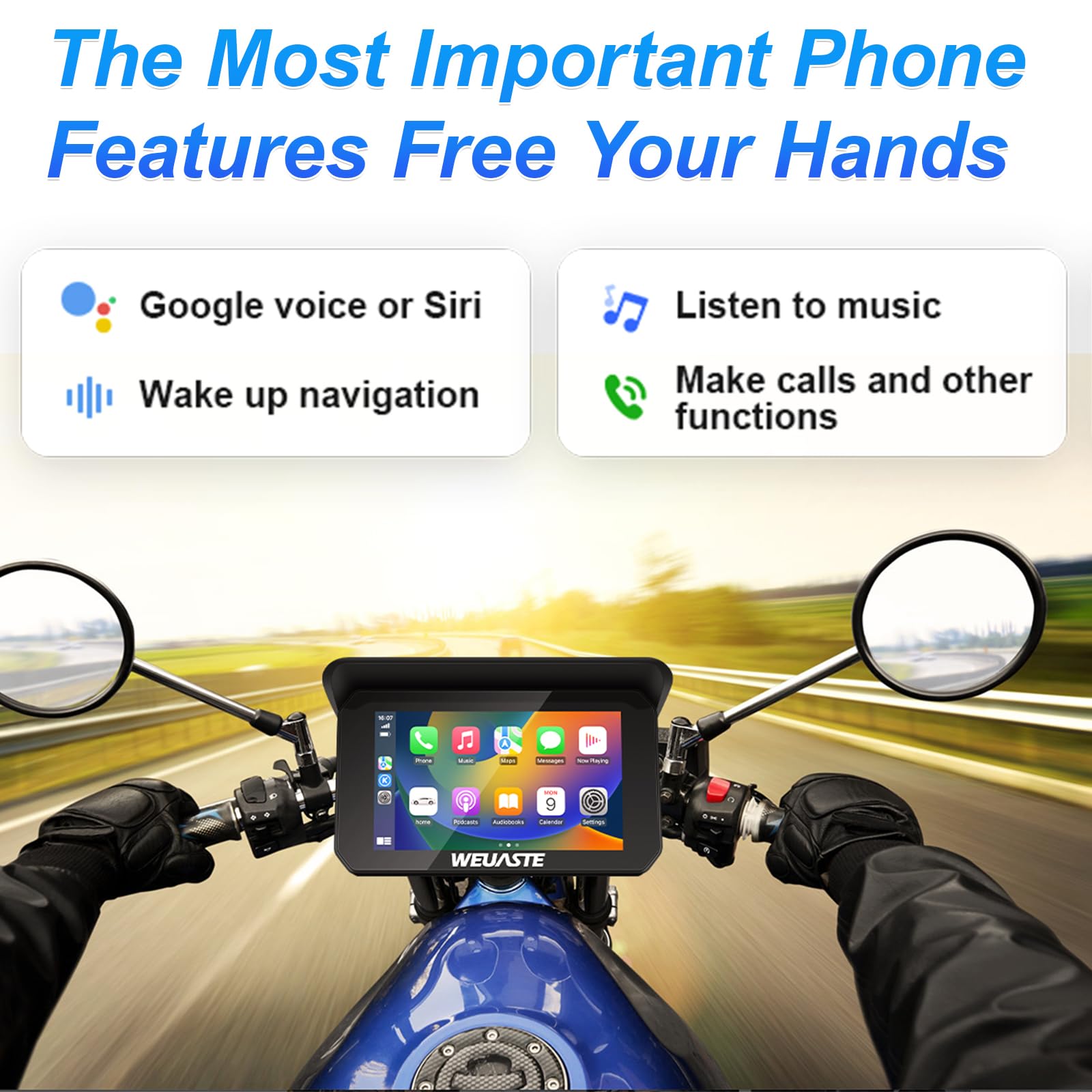 5 Inch Motorcycle GPS Navigation with Wireless CarPlay & Android Auto - Waterproof IPS Touchscreen, Bluetooth, Siri & Google Assistant Support - Perfect for Touring, Commuting & Adventure Riding