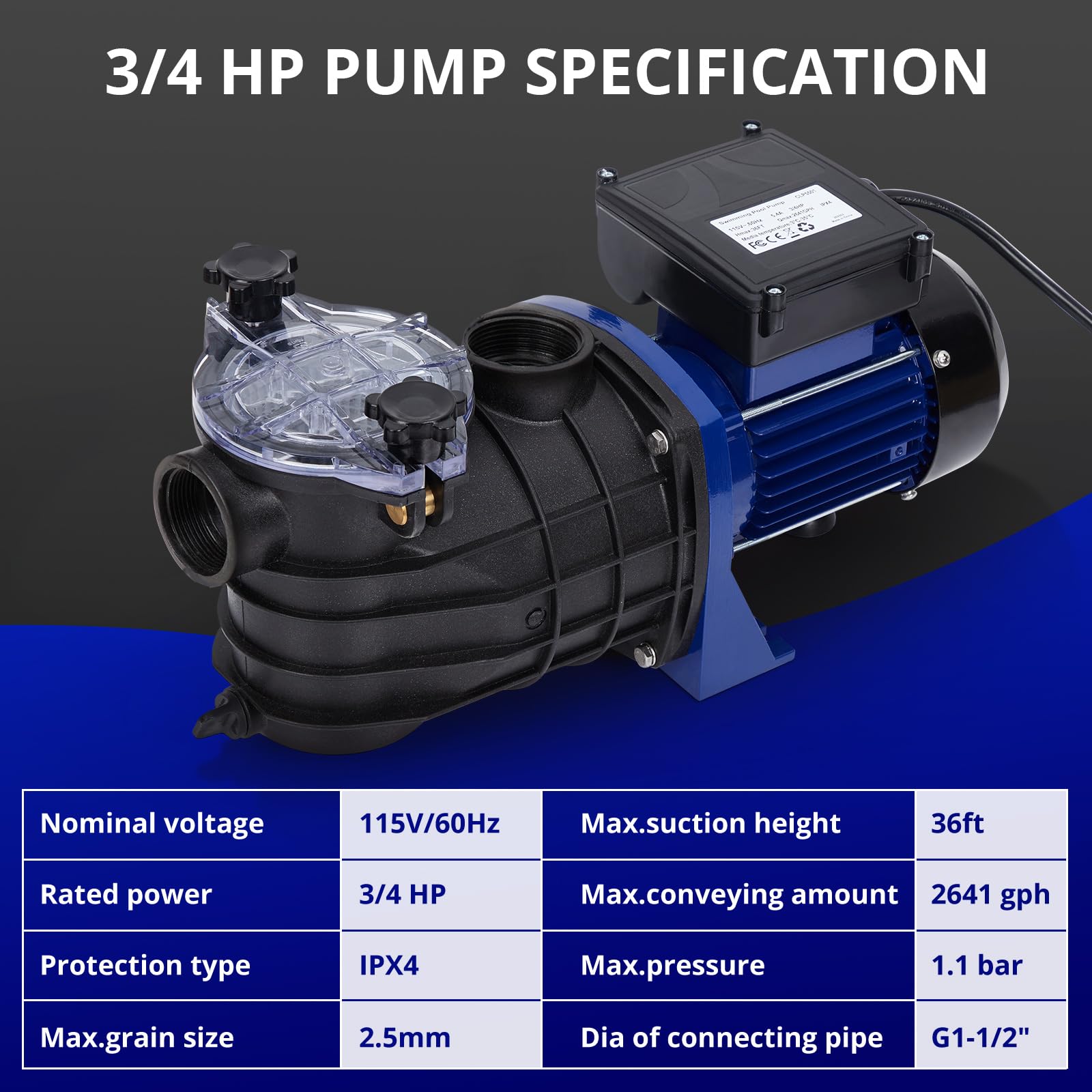 0.75HP In-Ground & Above Ground Single Speed Pool Pump - 550W/115V, 2641GPH High Flow Swimming Pool Pump with Filter Basket - Self-Priming, Low Noise, Durable - Perfect for Backyard Pools, Spa Maintenance & Water Circulation
