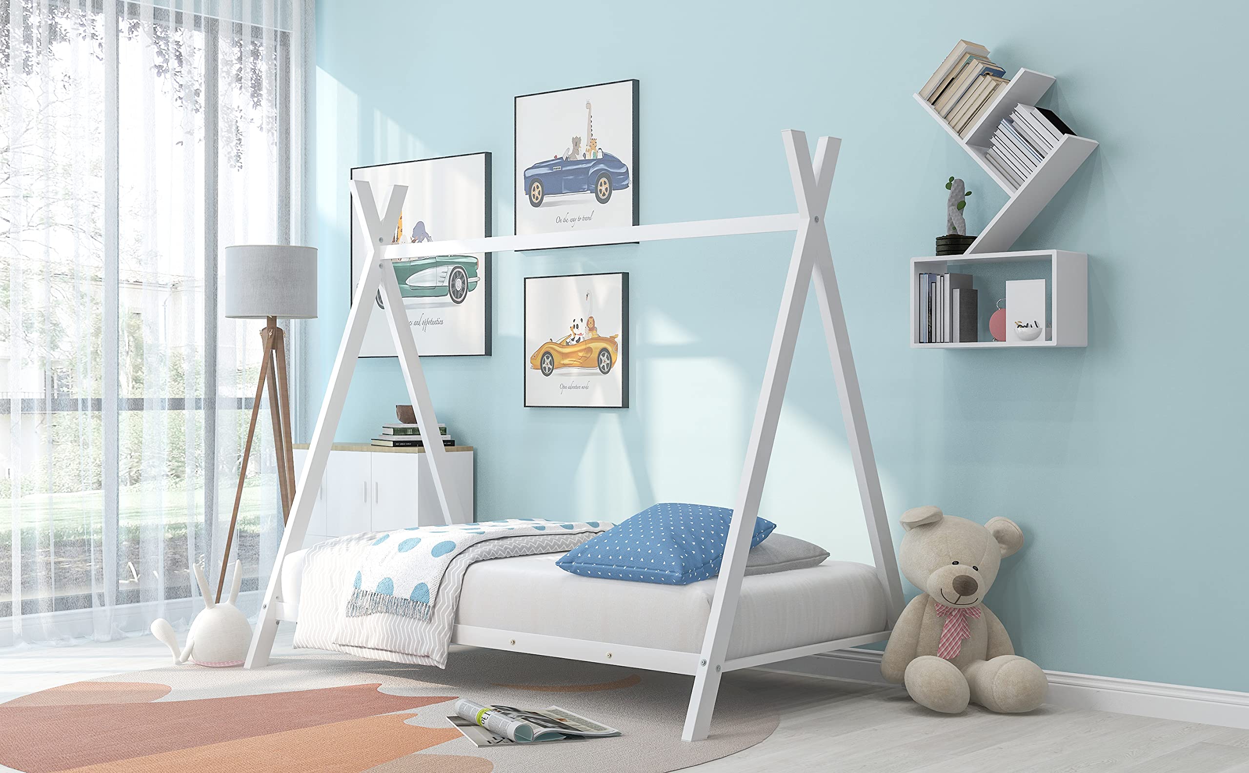 Twin House Bed Frame for Kids - Sturdy Metal Floor Tent Bed with Slatted Base & Reinforced Support, Play House Bed for Girls and Boys (No Box Spring Needed) - Perfect for Bedroom, Playroom, and Imaginative Play (White)