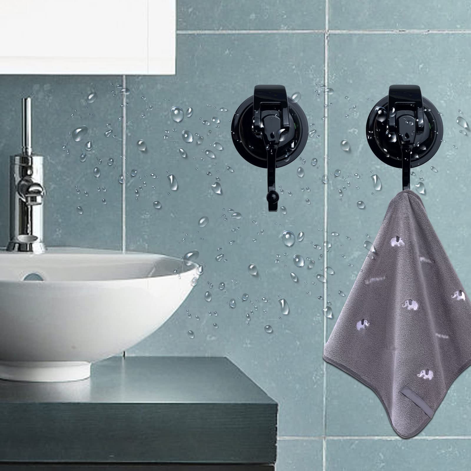 Heavy Duty Vacuum Suction Shower Hooks - 6 Pack Reusable Bathroom Hooks for Towels, Robes & Decor, No Drilling Needed, Strong Adhesive for Tile & Glass - Perfect for Shower Organization & Holiday Garland Hanging (Black)