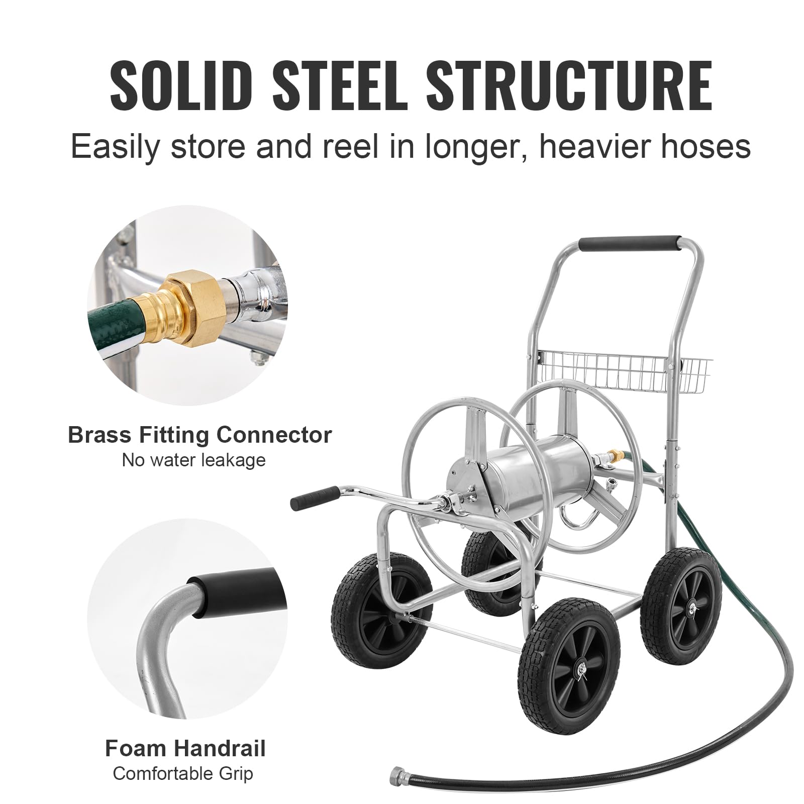 VEVOR Heavy Duty 250 ft Hose Reel Cart with 4 Wheels & Storage Basket - 5/8