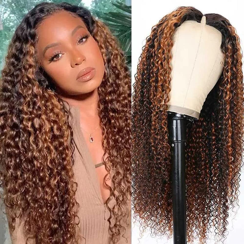 UNICE 20 Inch Human Hair V Part Wig - Curly No Leave Out Balayage Brown Highlight Glueless Clip-In Wig for Beginners (No Sew In, No Glue) | Perfect for Daily Wear, Parties & Special Occasions