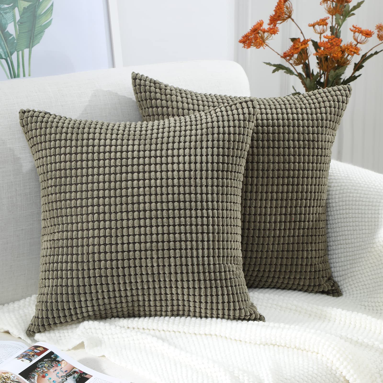 BeBen 22x22 Inch Corduroy Throw Pillow Covers Set of 2 - Soft Decorative Cushion Cases for Couch, Sofa, Bed, Bedroom & Car - Olive Green Home Decor | Perfect for Living Room Accents, Cozy Bedding & Auto Comfort