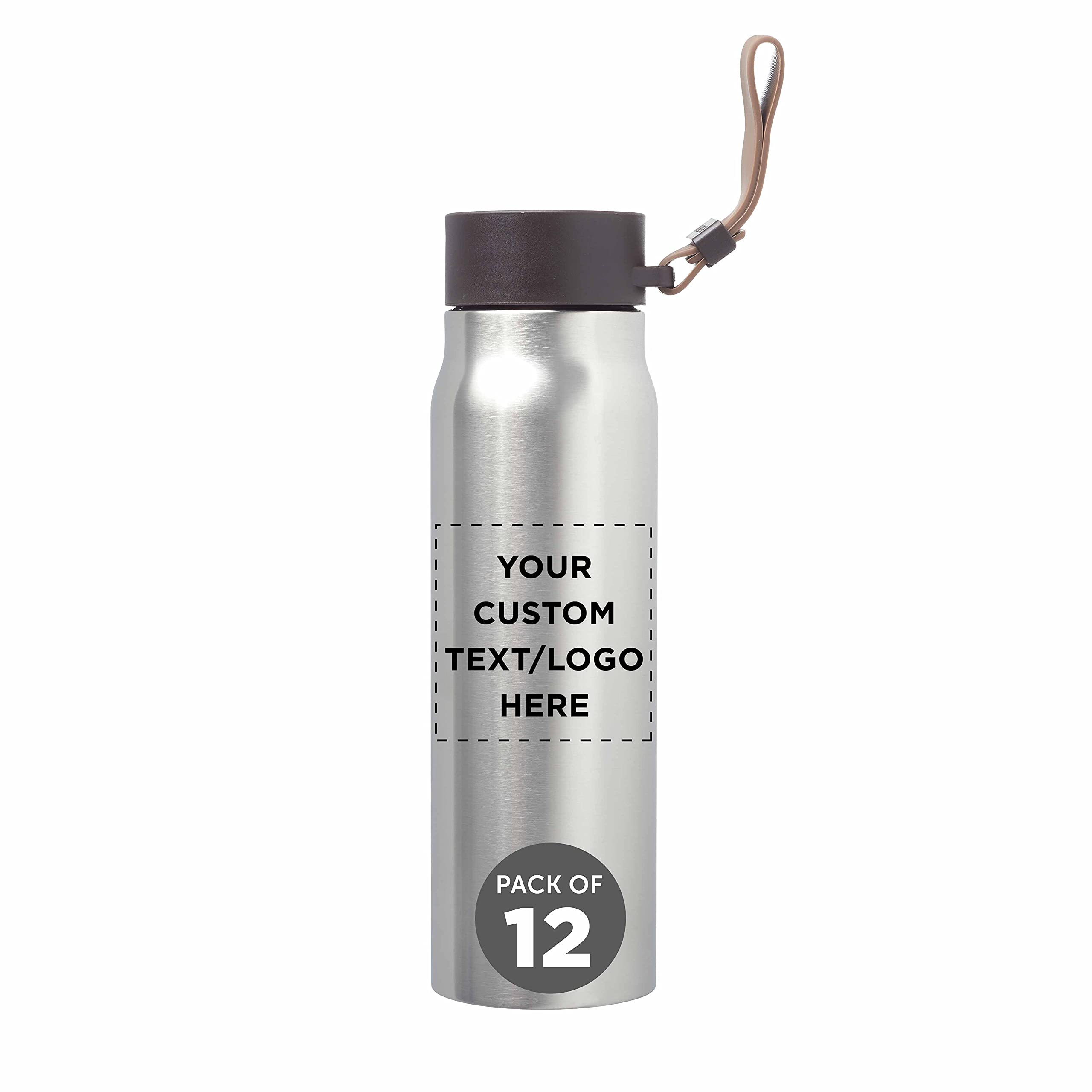 12 Pack 17oz Vacuum Insulated Stainless Steel Water Bottles with Leak-Proof Lid & Adjustable Carry Strap - Custom Text/Logo Printing - Eco-Friendly Reusable Thermos for Gym, Hiking, Office & Outdoor Activities (Brown)