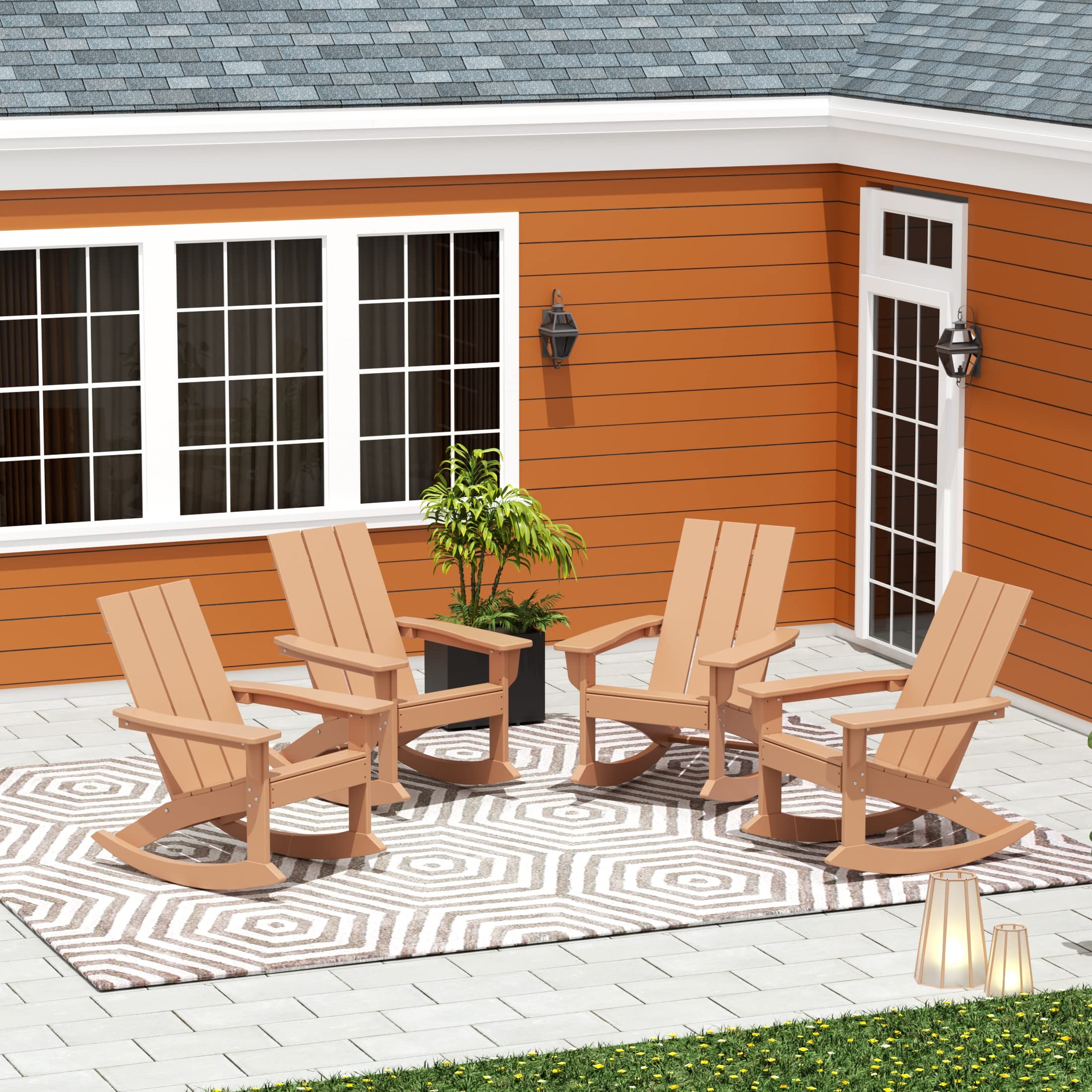 WO Home Furniture 4-Piece Patio Rocking Chair Set - Modern Outdoor HDPE Rocking Chairs with UV & Weather Resistance (Teak Color) - Perfect for Backyard, Garden, Poolside & Porch Relaxation