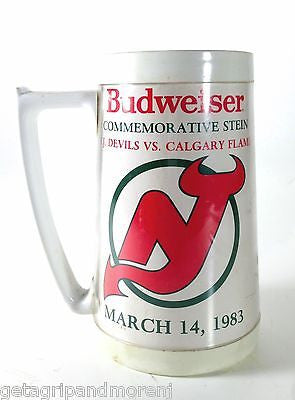 Vintage 1983 Budweiser Beer Steins Set - New Jersey Devils & Calgary Flames Commemorative Collectible Mugs - Perfect for Sports Memorabilia Display, Bar Decor, and Beer Enthusiasts