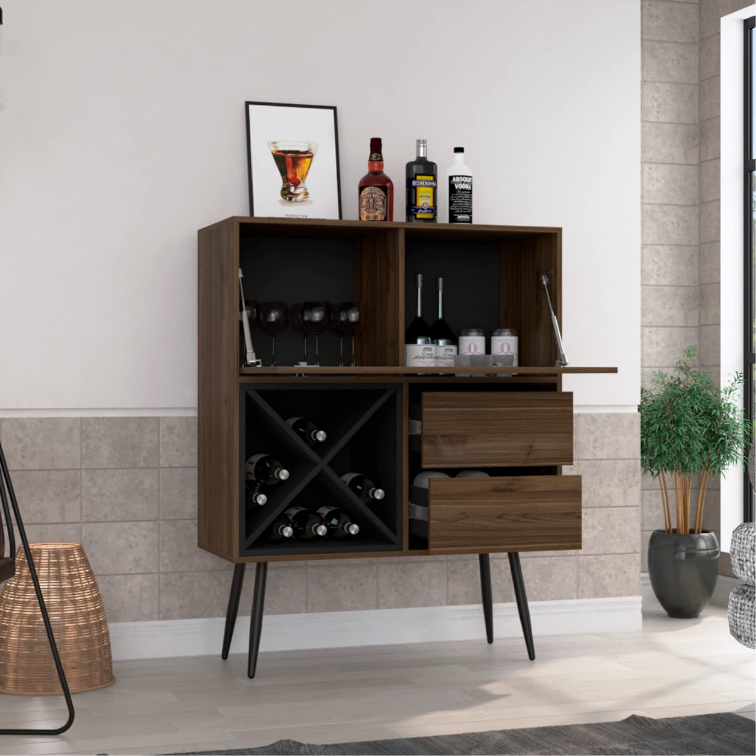 Thistle Bar Cabinet with 2 Drawers & 4 Double Racks - Mahogany/Black Storage Furniture for Liquor & Glassware - Perfect for Home Bar, Dining Room, or Entertainment Area