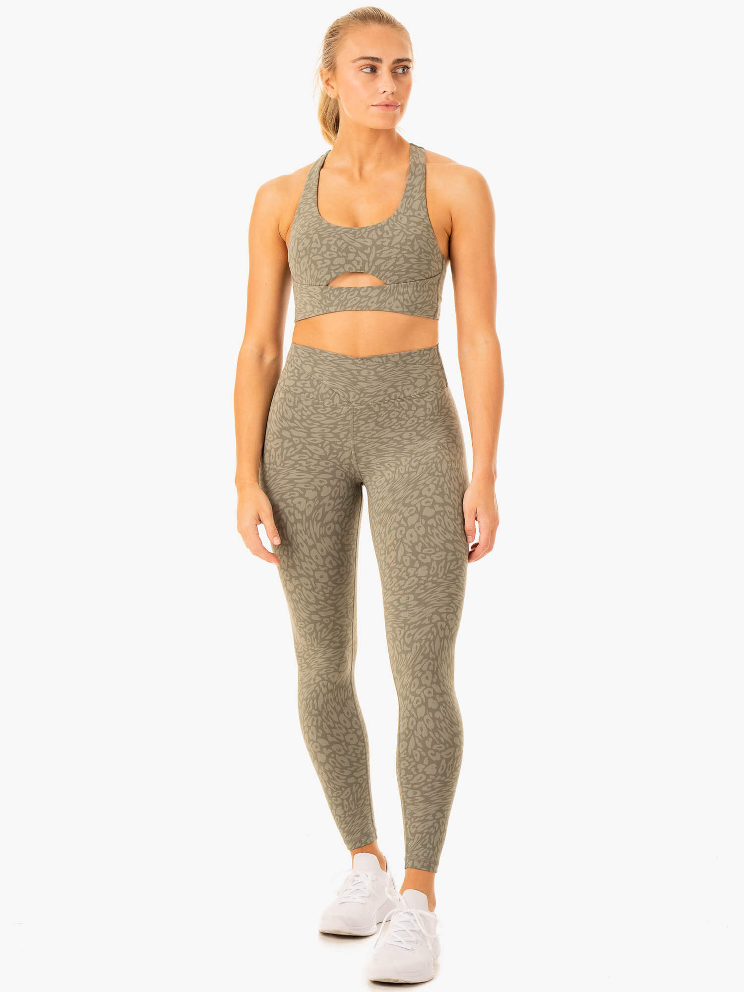 High-Quality Rotation Sports Bra - Khaki Leopard Print for Women | Perfect for Yoga, Running & Gym Workouts