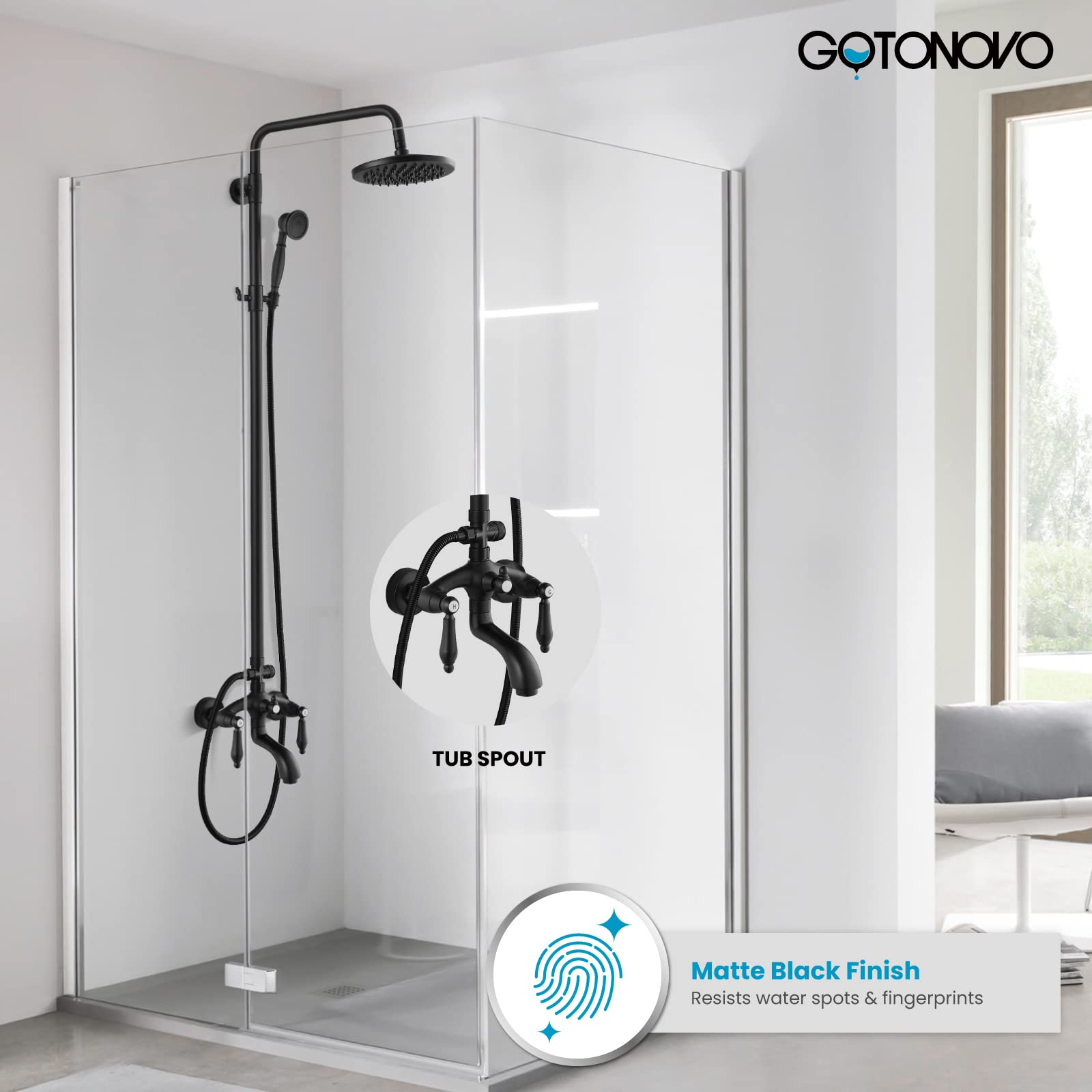 Gotonovo Matte Black 8-Inch Rain Shower Head System - Wall Mounted Bathroom Faucet with Adjustable Handheld Sprayer, Double Lever Handles & Tub Spout - Triple Function Shower for Luxurious Spa-Like Experience at Home