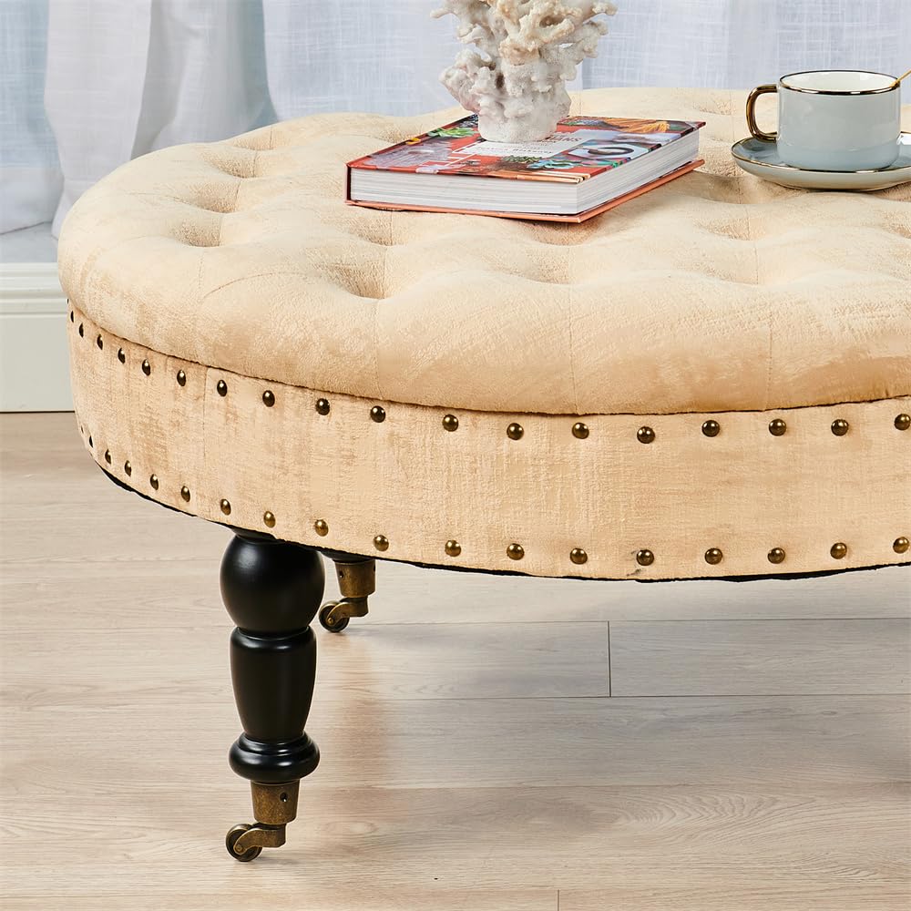 Round Velvet Tufted Ottoman Coffee Table - 34