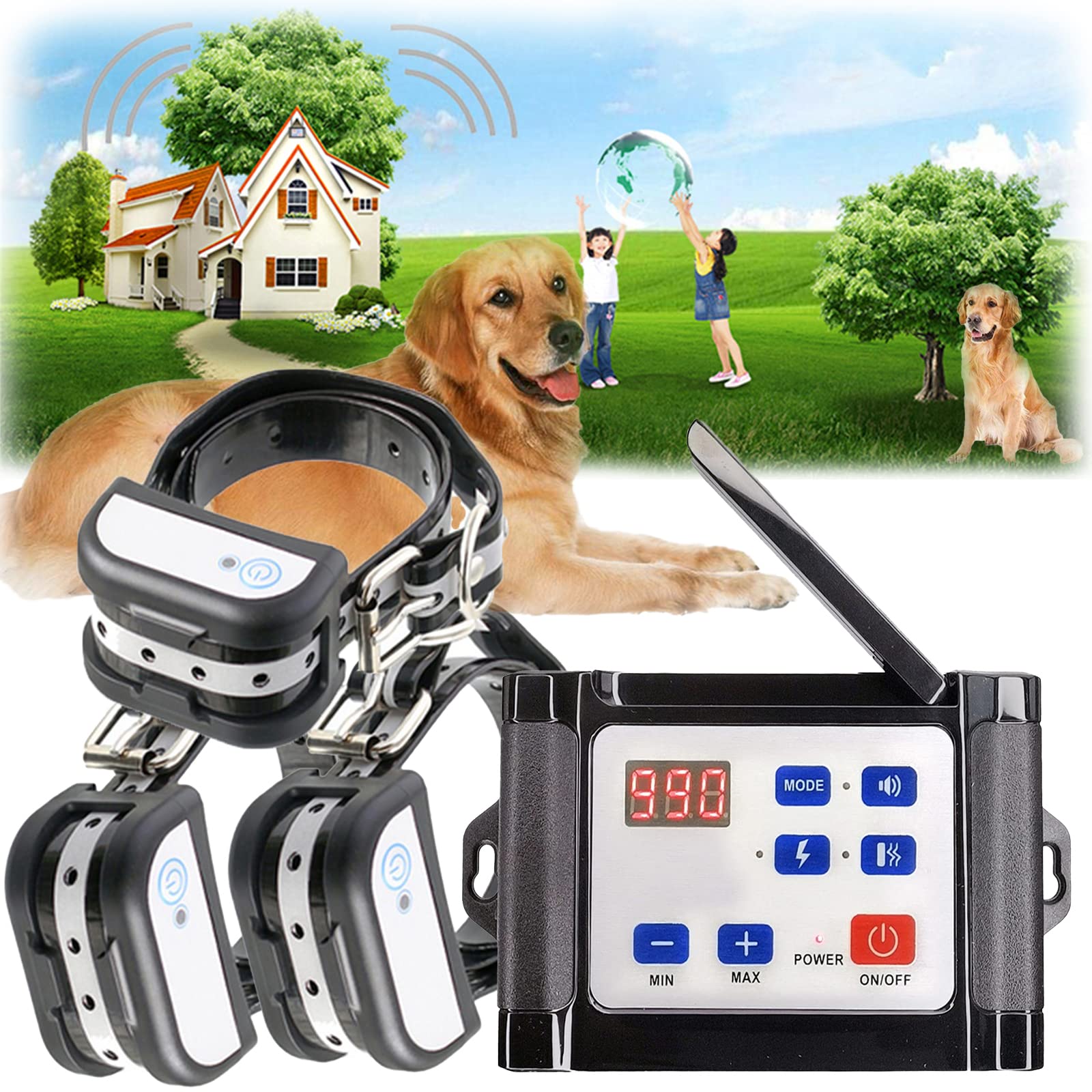 Wireless Dog Fence System - Adjustable 100-990 ft Range Electric Pet Fence with Training Collar & Remote | Waterproof, Rechargeable, Safe Containment for Dogs | Perfect for Backyards, Large Properties & Dog Training