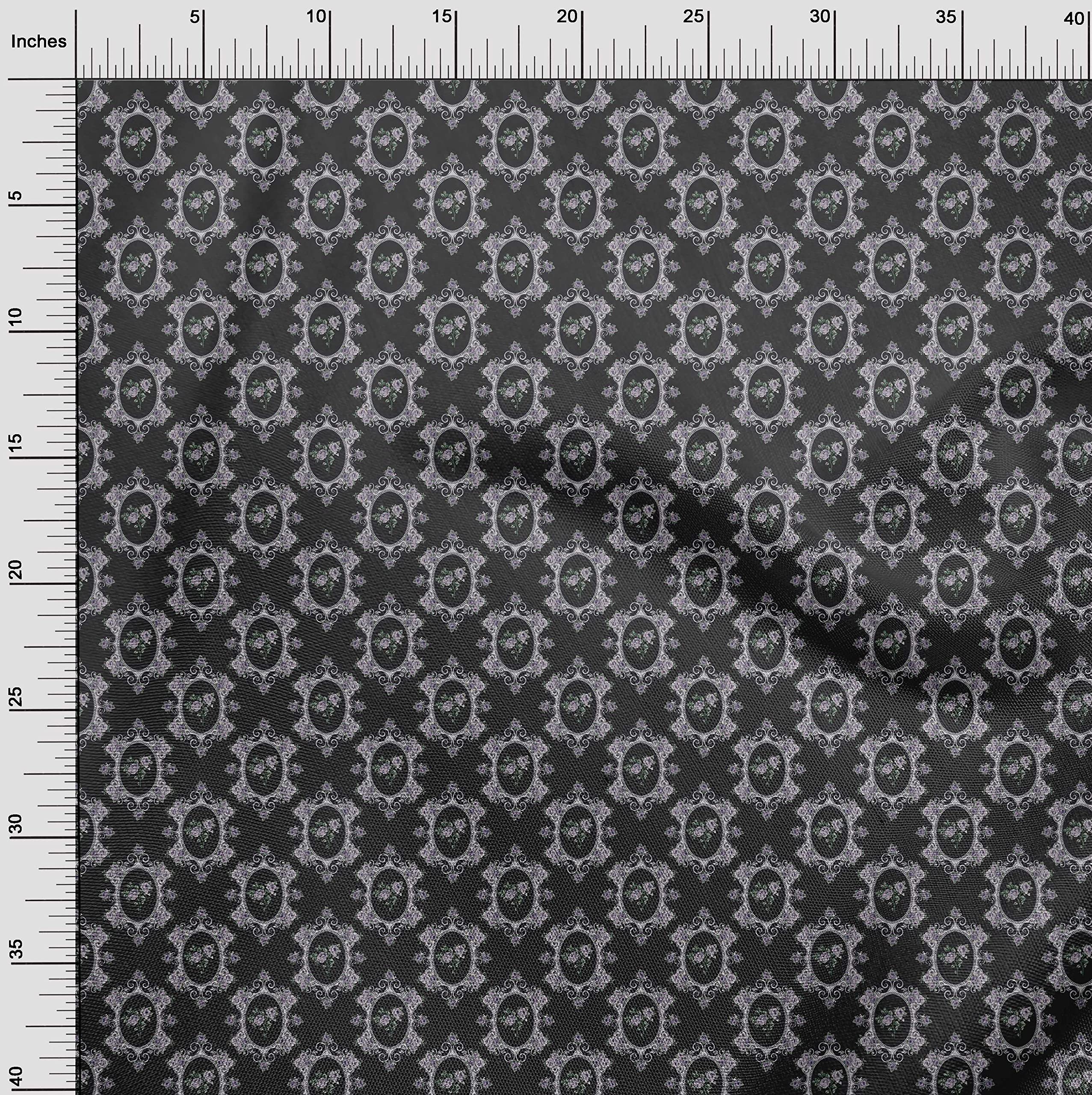 oneOone 100% Cotton Poplin Black Floral Damask Fabric by The Yard - 56 Inch Wide (Style 3511) for Dresses, Blouses & Home Decor
