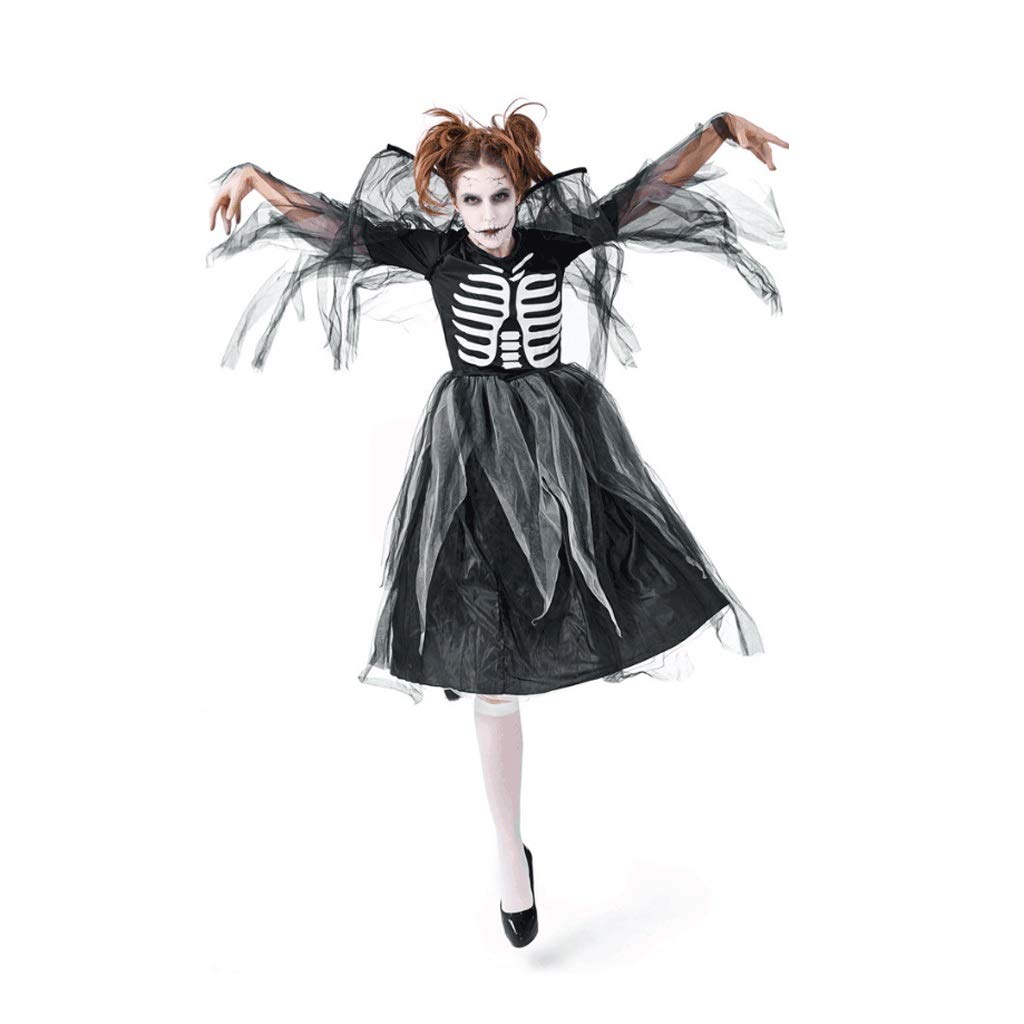 Women's Halloween Devil Costume - Dark Angel Dress with Wings & Skeleton Print for Cosplay, Party, or Horror Theme Events (Medium, Black)