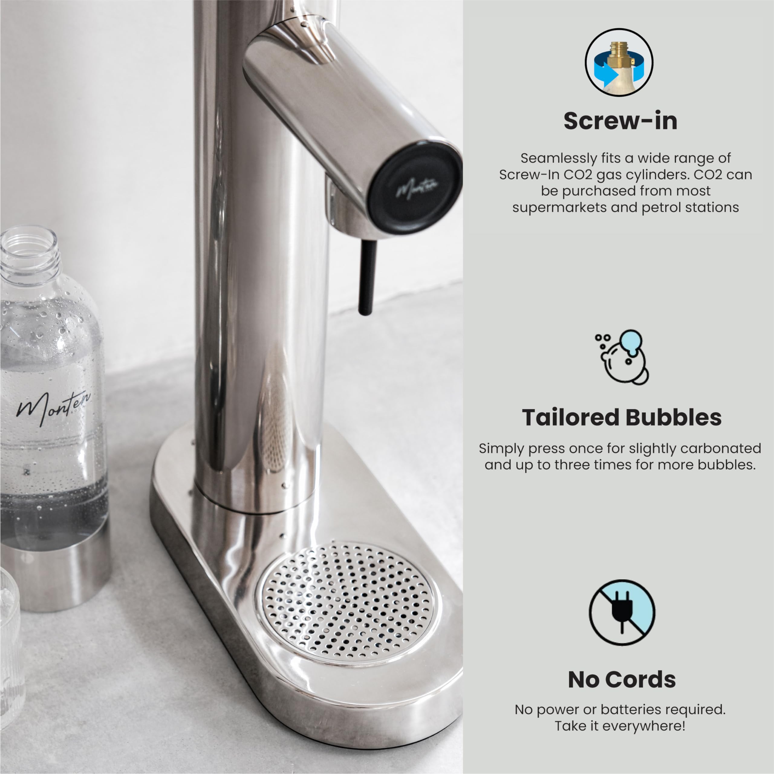 Premium Stainless Steel Sparkling Water Maker Machine - Includes 3 x 60L SodaSense CO2 Cylinders & 900ML Reusable PET Bottle - Eco-Friendly Home Carbonation System for Healthy Drinks - Perfect for Kitchen, Office, Parties & Gifts