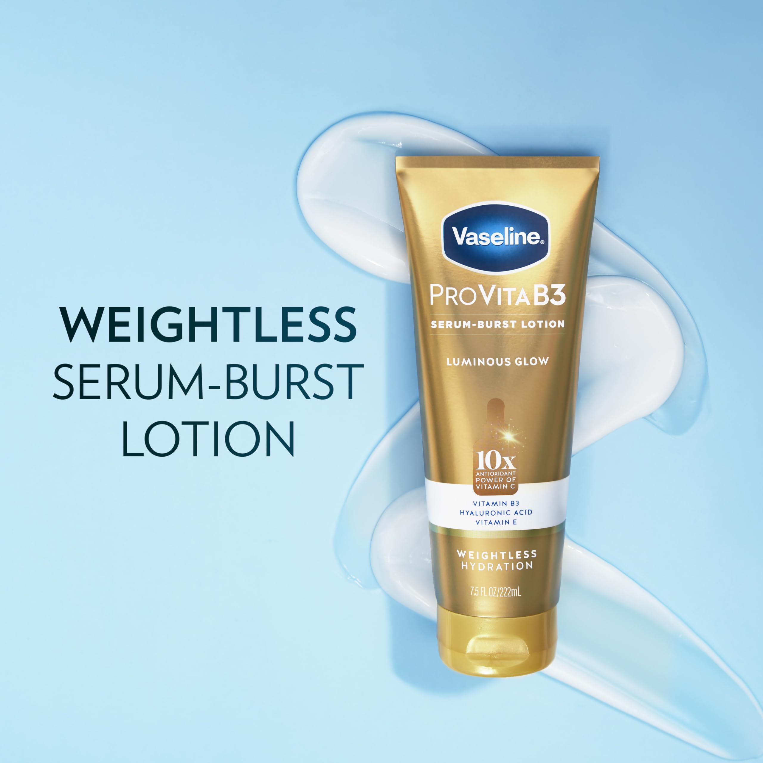 Vaseline Pro VitaB3 Serum Burst Lotion for Healthy Glowing Skin - 7.5 Fl Oz with 10x Vitamin C Antioxidant Power, Vitamin B3, Hyaluronic Acid & Vitamin E | Lightweight Moisturizer for Daily Hydration & Luminous Radiance | Perfect for Dry Skin Care & Nighttime Routine