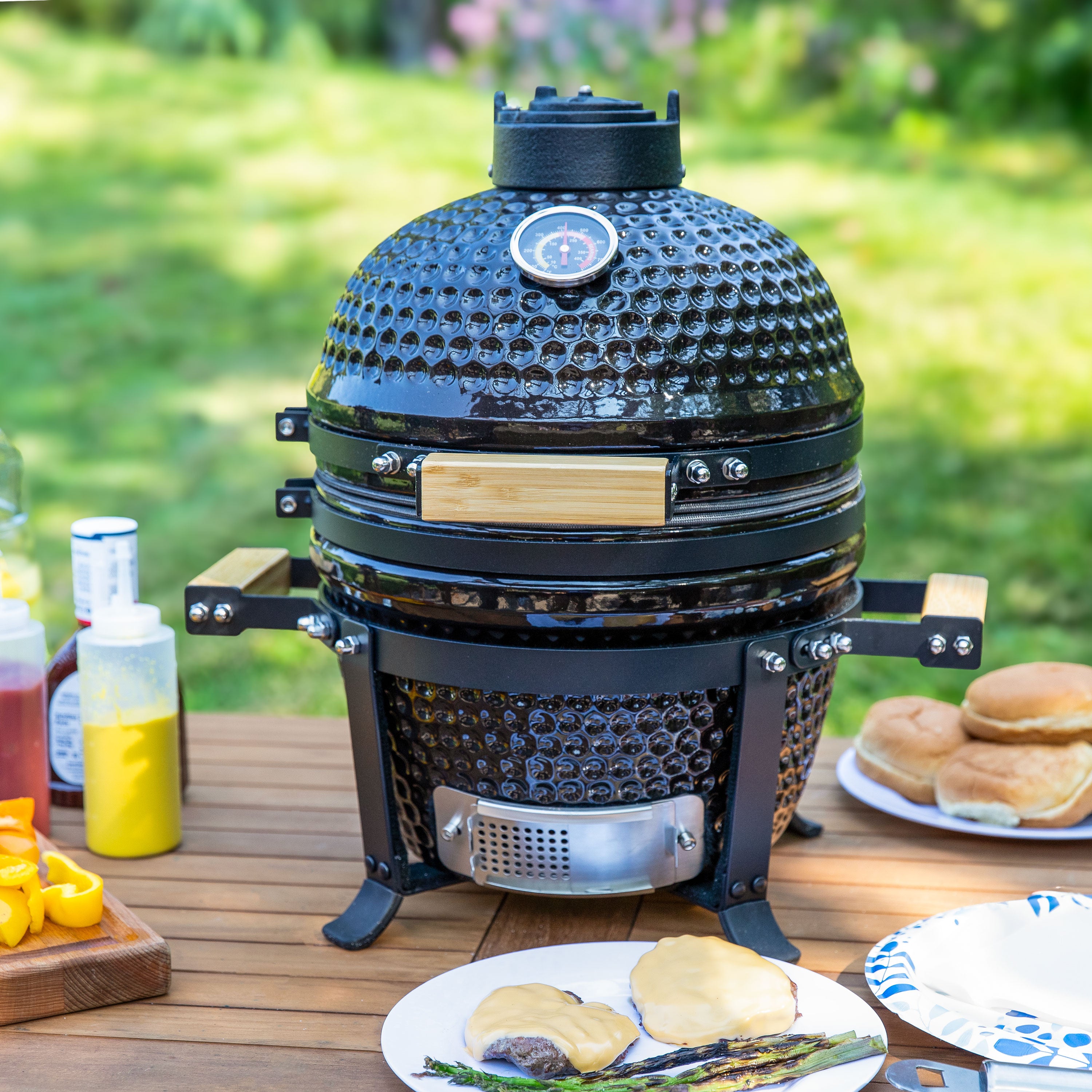 Portable Kamado Charcoal Grill and Smoker with Stand - Outdoor BBQ, Camping & Backyard Cooking - Perfect for Patio, Picnics & Tailgating