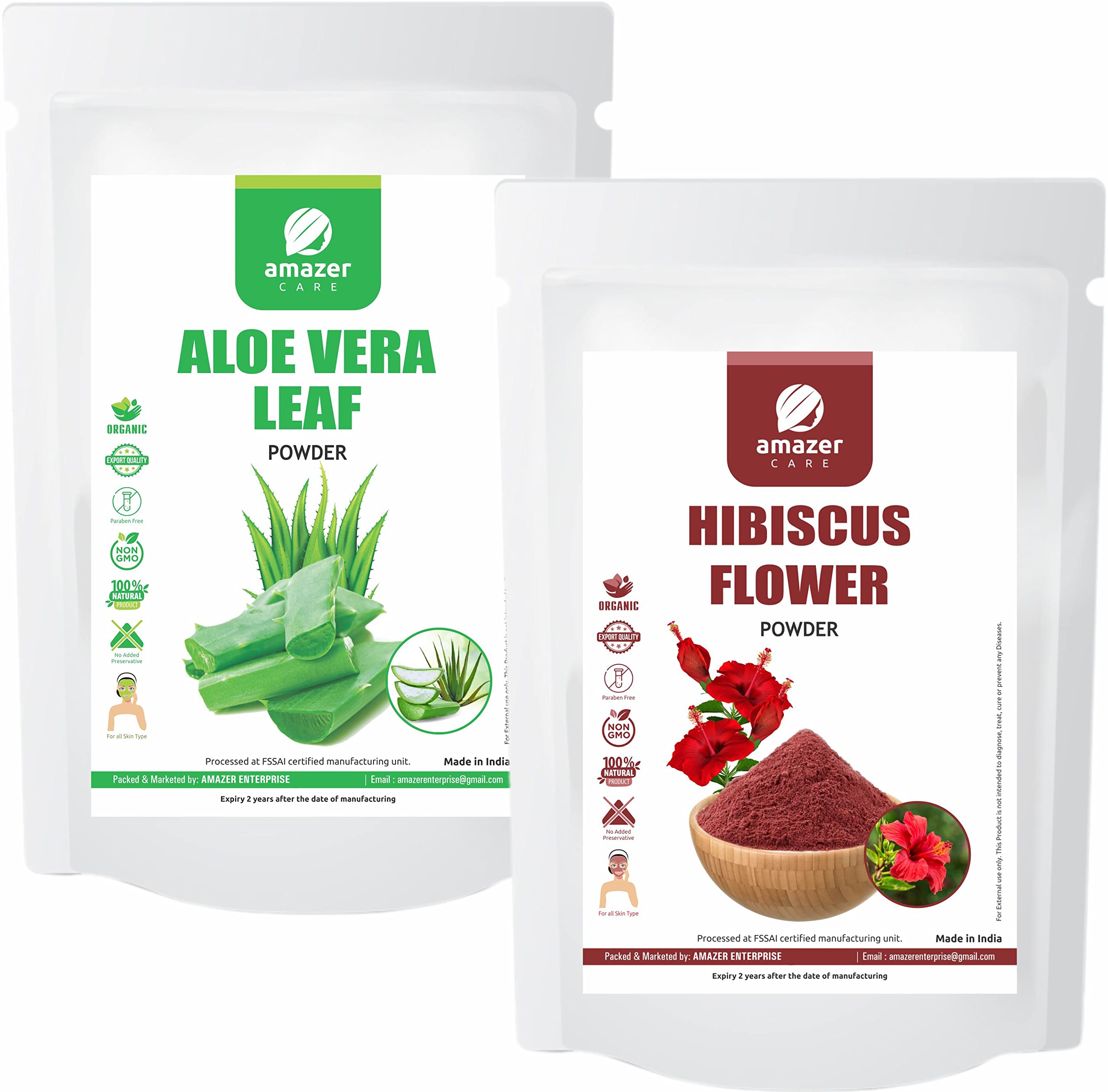 AmazerCare 100% Natural Hibiscus & Aloe Vera Powder Combo for Hair Growth & Skin Care (175g + 150g) - DIY Hair Mask, Face Pack, Scalp Treatment & Beauty Routine Essential