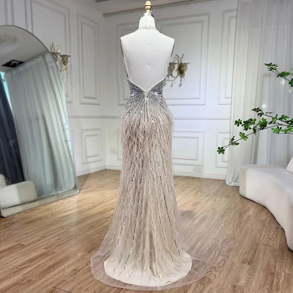 Serene Hill Luxury Beaded Feather Beige High Slit Mermaid Evening Dress for Women - Backless Formal Gown for Prom, Wedding, Red Carpet & Special Occasions