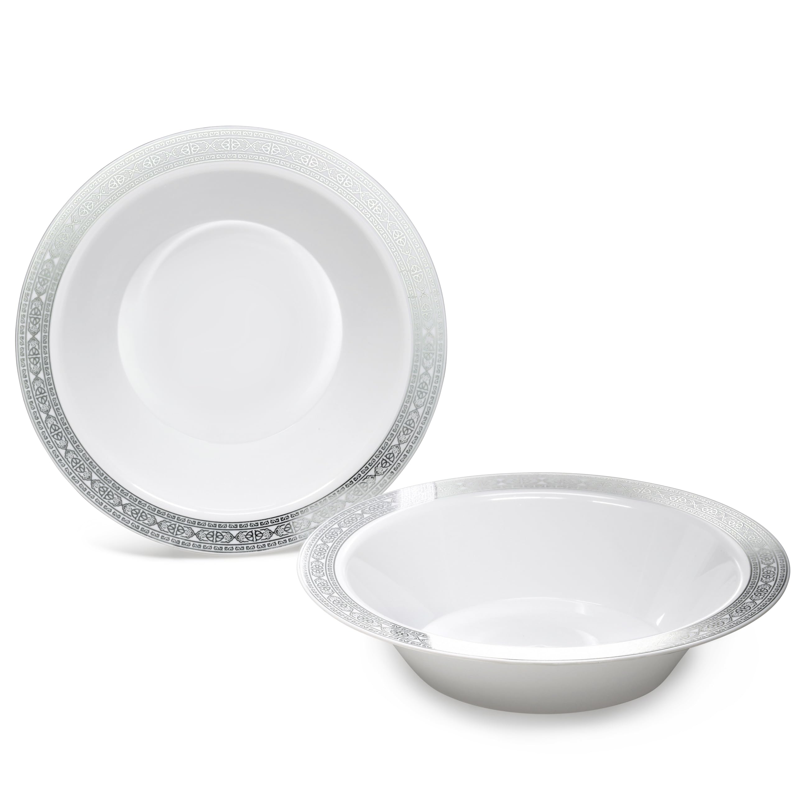 240 Pack Heavyweight Disposable Plastic Bowls - 14oz White & Silver Wedding Party Soup Bowls | Elegant Dinnerware for Catering, Events & Home Use