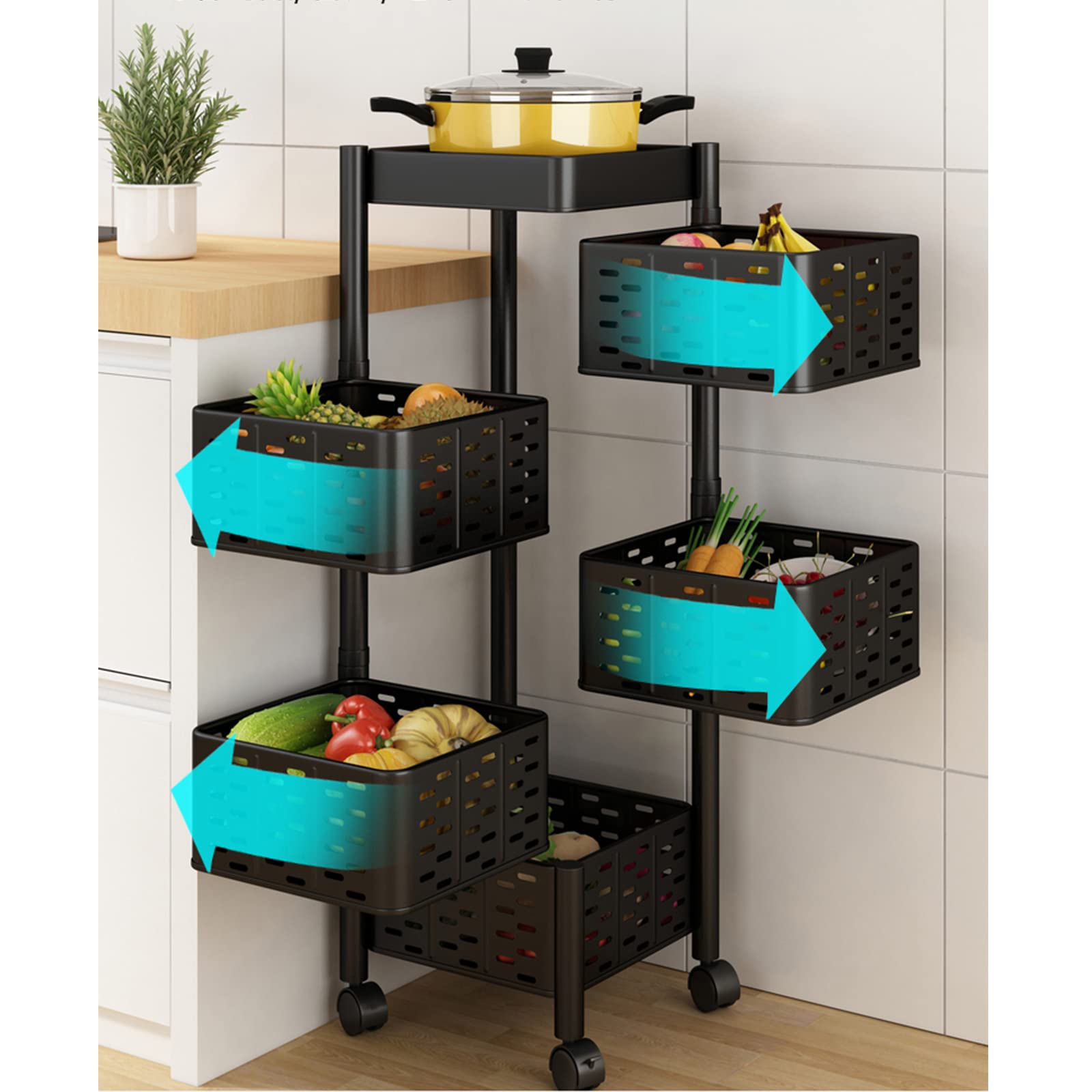 360° Rotating Kitchen Vegetable Shelf - 2-Tier Black Space-Saving Floor Storage Rack for Fruits & Vegetables | Perfect for Pantry Organization & Small Kitchen Spaces