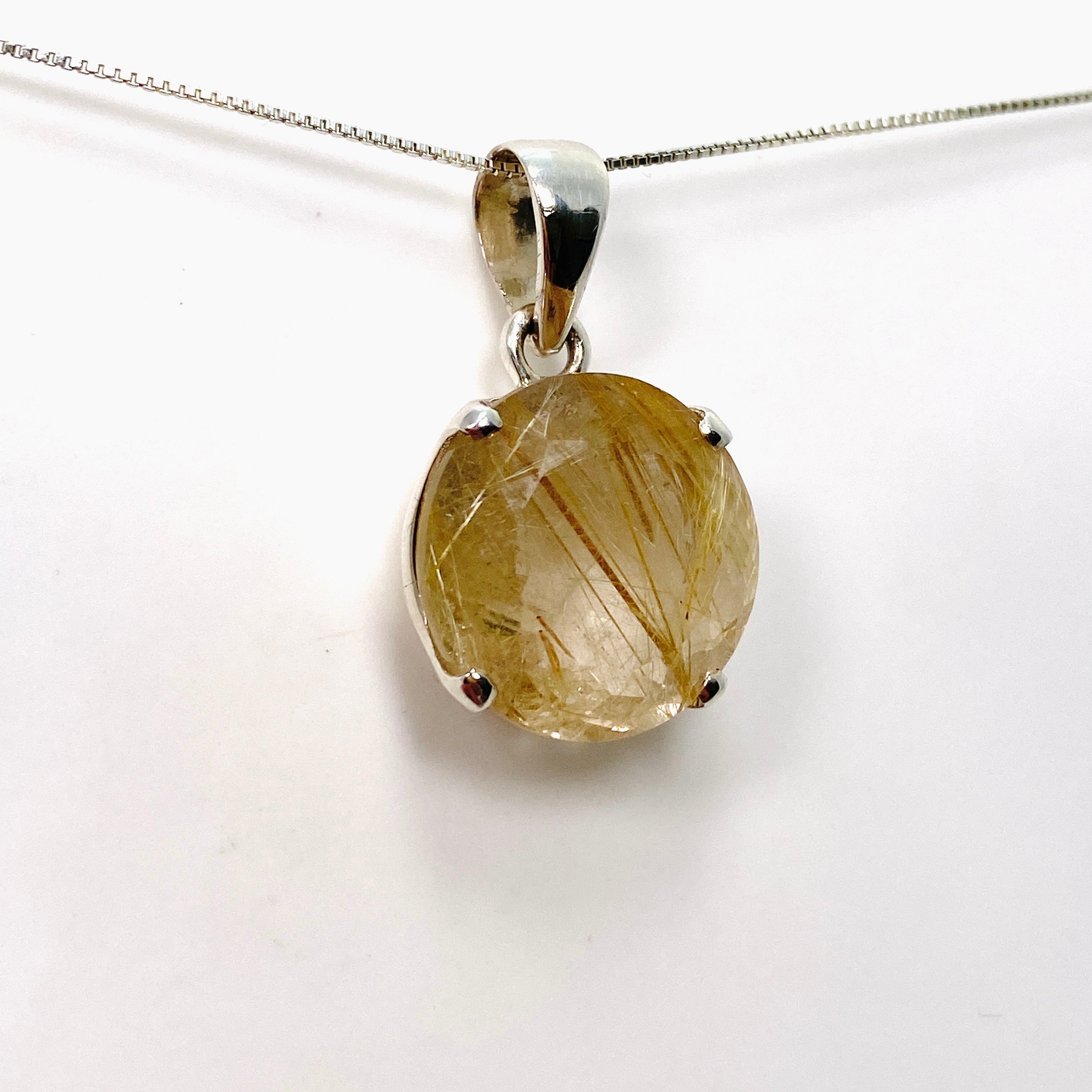 Natural Rutilated Quartz Round Faceted Pendant Necklace PPGJ840 - Elegant Jewelry for Women, Perfect for Everyday Wear & Special Occasions