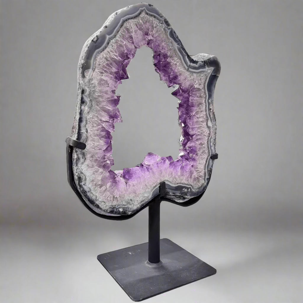 Natural Amethyst Geode Slice Ring from Brazil - Handcrafted Jewelry with Custom Wood Stand (16-10 lbs) - Perfect for Home Decor, Meditation Spaces & Unique Gifts
