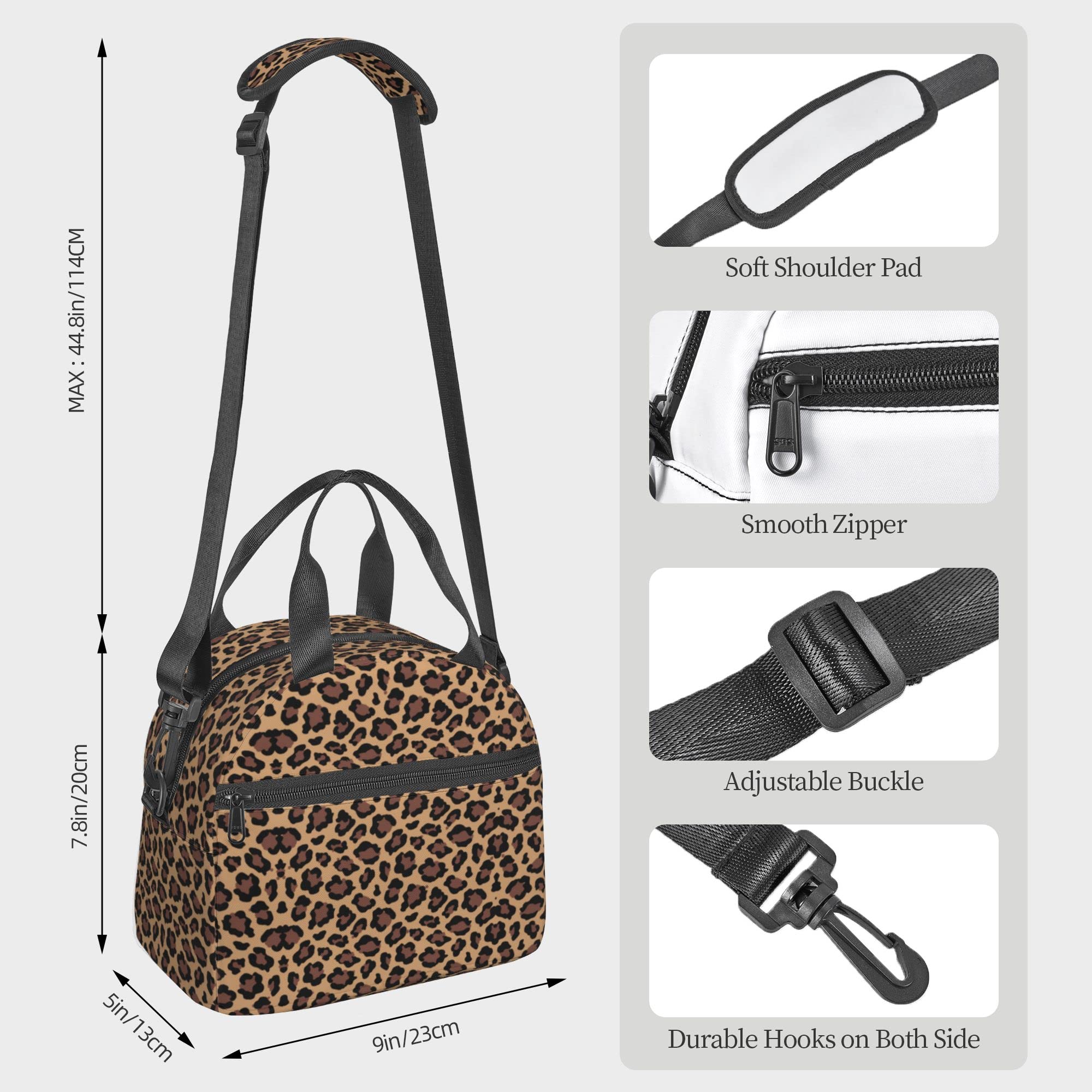 Leopard Print Insulated Lunch Bag - Reusable Cheetah Lunch Box for Kids & Adults, Leopard Cooler Tote with Shoulder Strap for School, Office, Picnic, Travel & Outdoor Activities