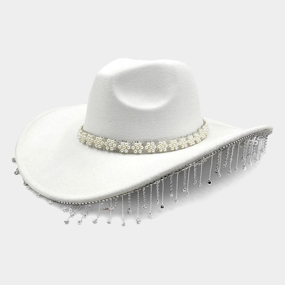 Elegant Western Cowboy Hat with White Pearl Flower Cluster & Rhinestone Fringe - Perfect for Country Music Festivals, Rodeos, and Cowgirl Fashion Outfits