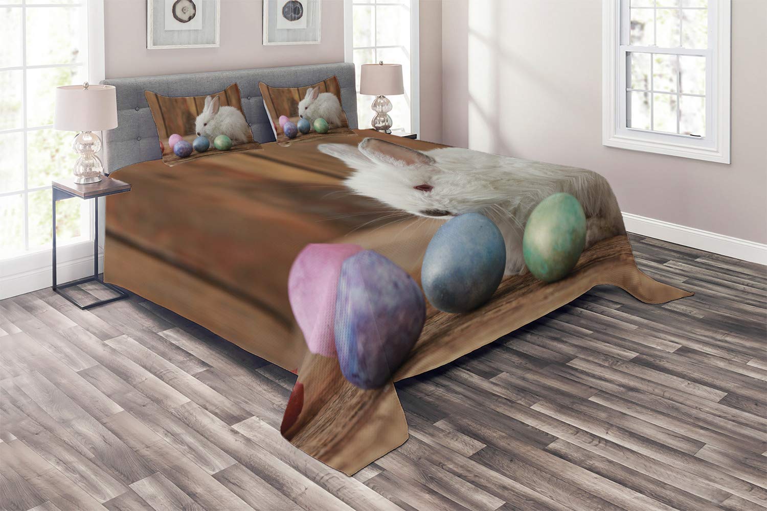 Ambesonne Easter Bunny Quilt Set - 3 Piece King Size Bedspread with 2 Pillow Shams, Colorful Easter Rabbit & Dyed Eggs Design, Decorative Quilted Coverlet for Spring Bedroom Decor | Perfect for Easter Decorations, Spring Home Styling & Holiday Gift Giving