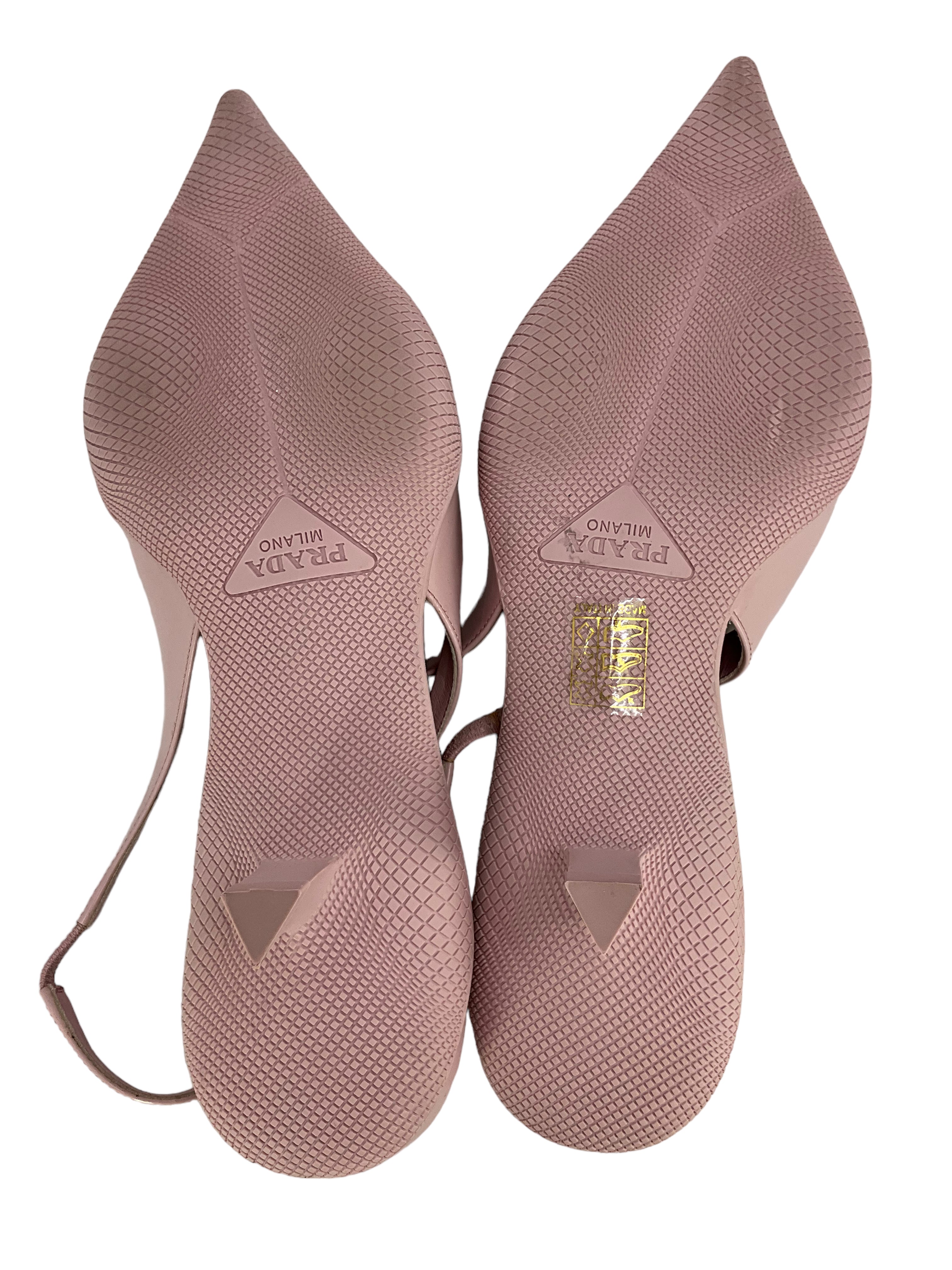 PRADA Spazzolato Leather Triangle Logo Pointed Toe Slingback Pumps Women's Size 8.5 - Elegant High Heels for Office, Party & Special Occasions