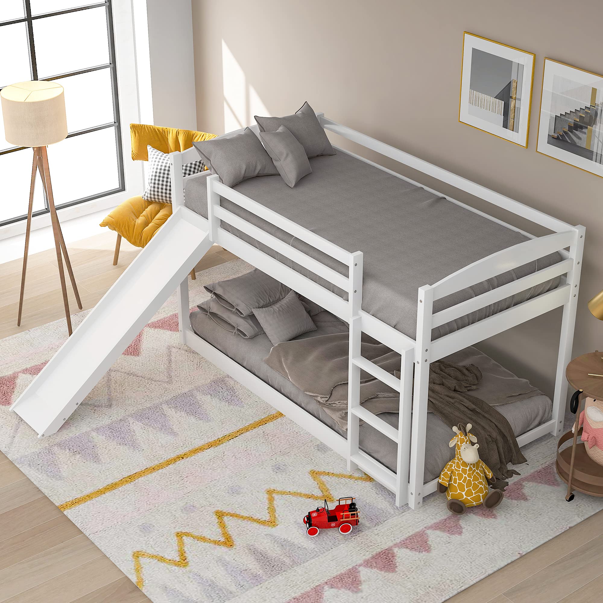 Harper & Bright Designs Low Bunk Bed with Slide - Twin Over Twin Wooden Bunk Bed with Ladder for Kids & Toddlers - White - Perfect for Small Bedrooms, Playrooms & Shared Kids' Spaces