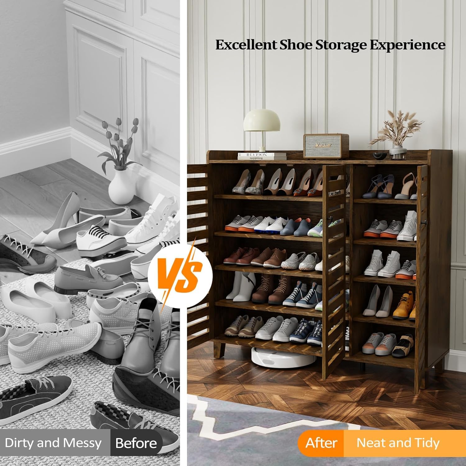 VINGLI 3-Door Hidden Shoe Cabinet Storage Organizer - 5-Tier Adjustable Shelves Freestanding Entryway Shoe Rack for Hallway, Living Room & Bedroom - Rustic Brown Wooden Shoe Storage Cabinet for Home Organization