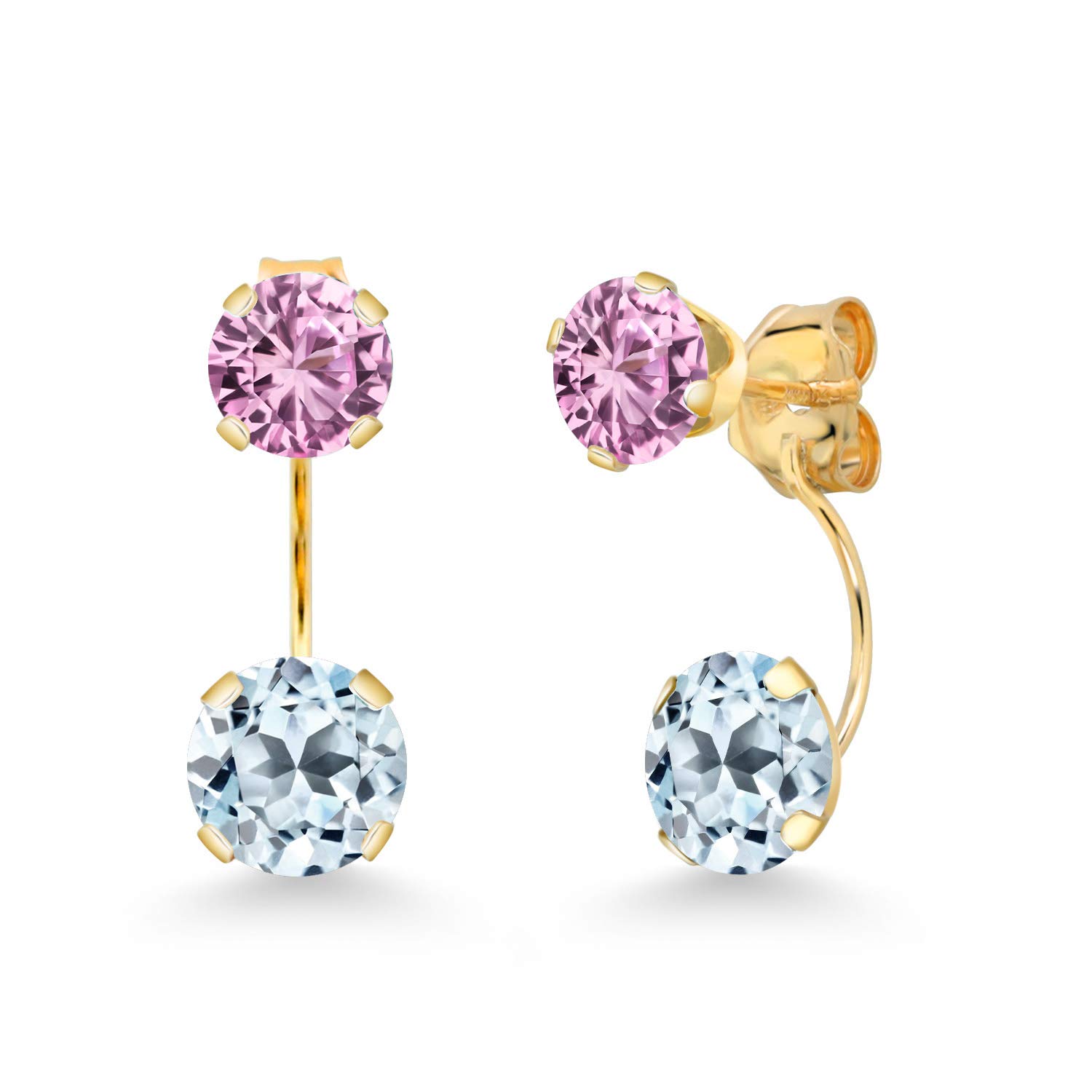 3.10 Ct Round Sky Blue Topaz & Pink Created Sapphire 14K Yellow Gold Earrings for Women | Gem Stone King | Elegant Bridal Jewelry, Anniversary Gift & Party Accessories