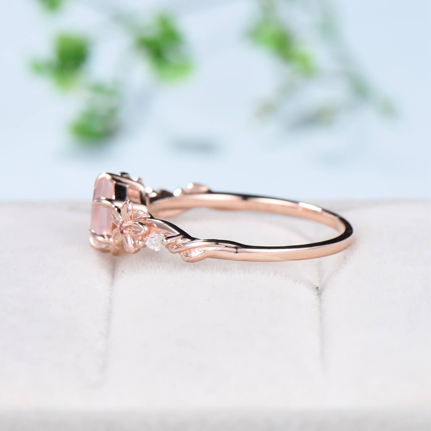 Vintage Nature-Inspired Rose Quartz Engagement Ring for Women - Unique Pink Tourmaline Wedding Band with Twisted Leaves Design | Perfect for Boho, Retro & Romantic Weddings