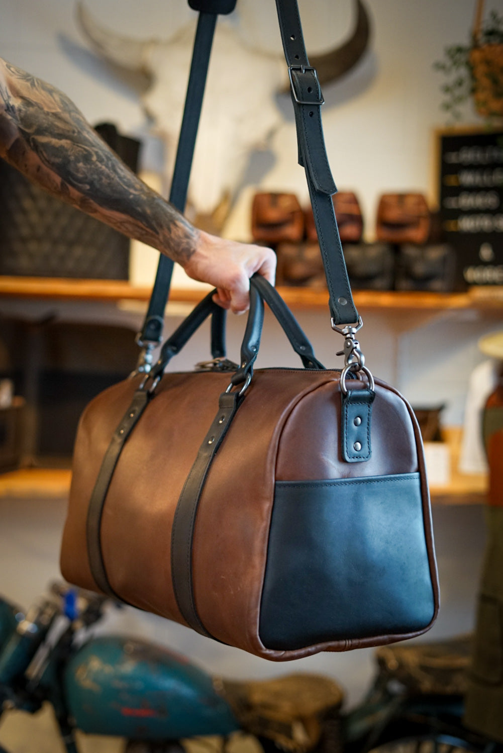 Premium Overnight Duffle Bag for Travel & Gym - Dark Amber Harness Leather with Flat Black Accents - Perfect for Weekend Trips, Workouts & Business Travel