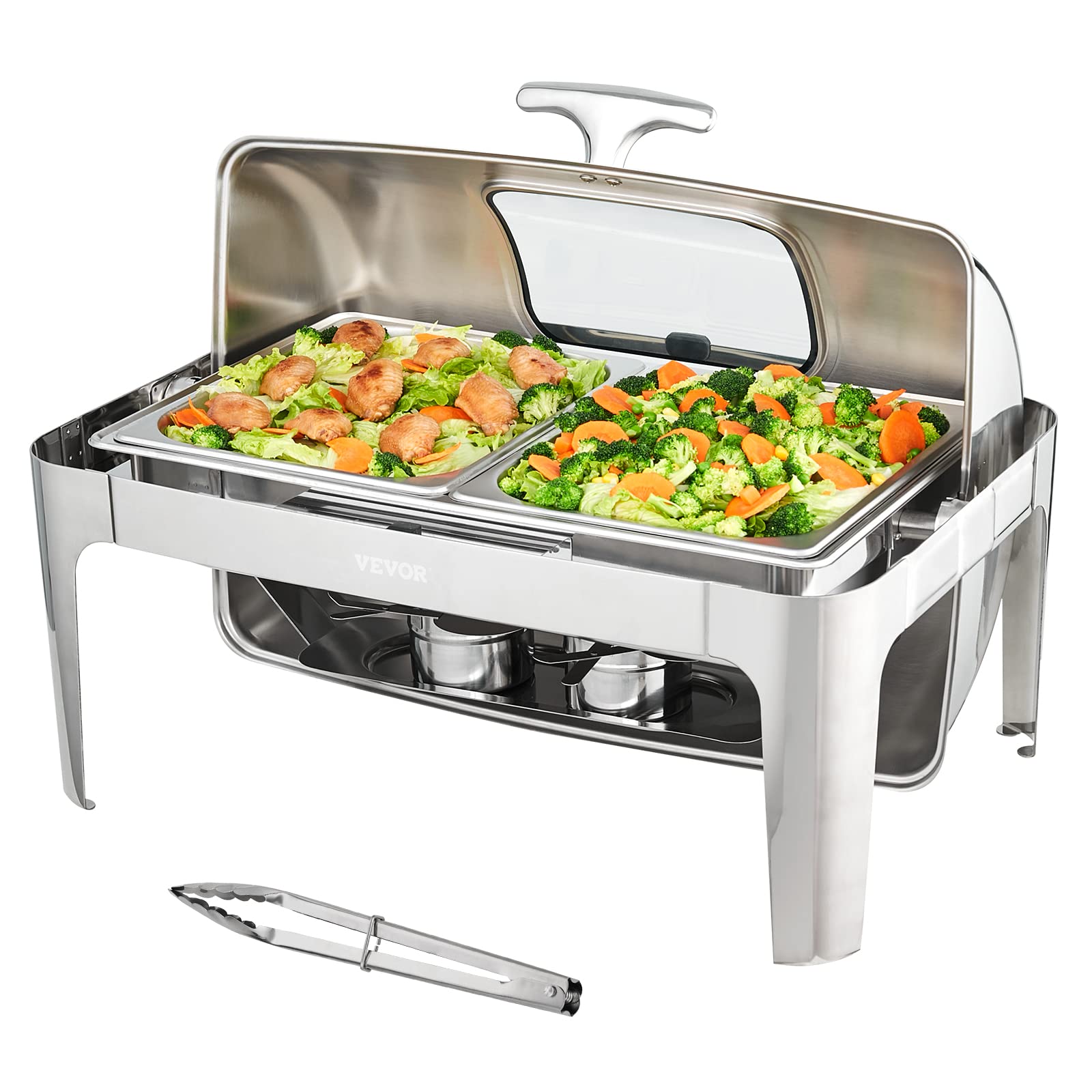 VEVOR 9 Qt Stainless Steel Roll Top Chafing Dish Buffet Set with 2 Half Size Pans, Rectangle Catering Food Warmer with Visible Lid, Water Pan Stand & Fuel Holder - Perfect for Buffets, Weddings, Banquets and Catering Events (Serves 9+ People)