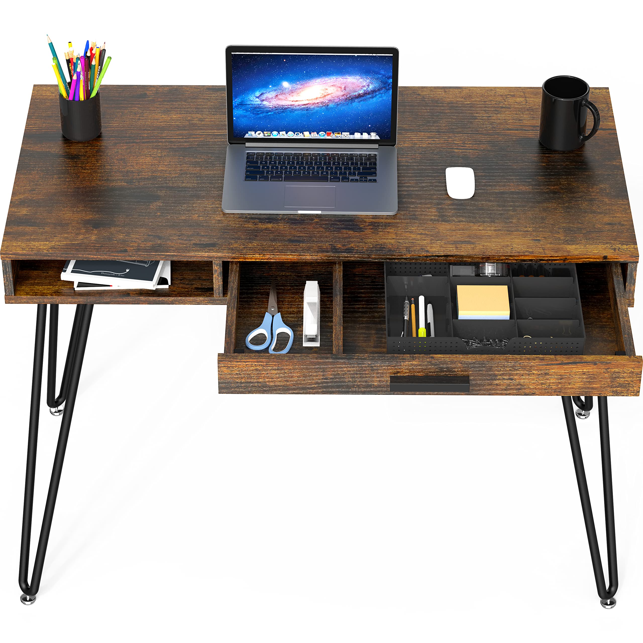 SHW Home Office Computer Desk with Drawer & Hairpin Legs - Rustic Brown Wood Writing Table for Small Spaces, Work from Home, Study & Office Use