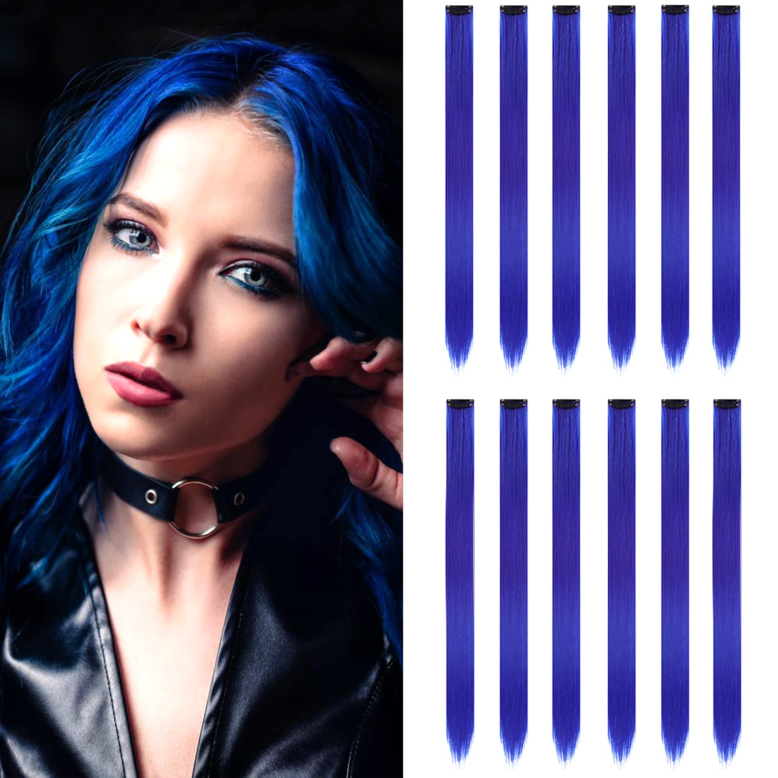 12PCS Blue Clip-in Hair Extensions 22 Inch - Vibrant Colored Synthetic Hair Extensions for Women & Kids - Perfect for Cosplay, Parties & Daily Styling (12 Pieces, Blue)