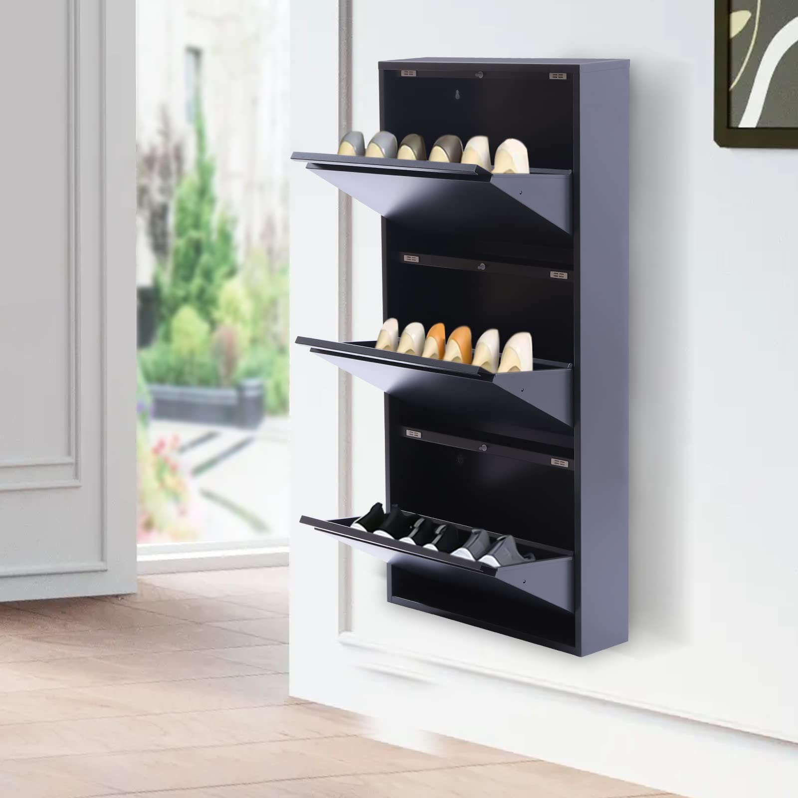 3 Drawer Wall Mounted Shoe Storage Cabinet - No Assembly Metal Shoe Organizer for Entryway, Hallway & Corridor | Holds 9 Pairs of Shoes | Space Saving Grey Cabinet for Small Apartments & Closet Organization
