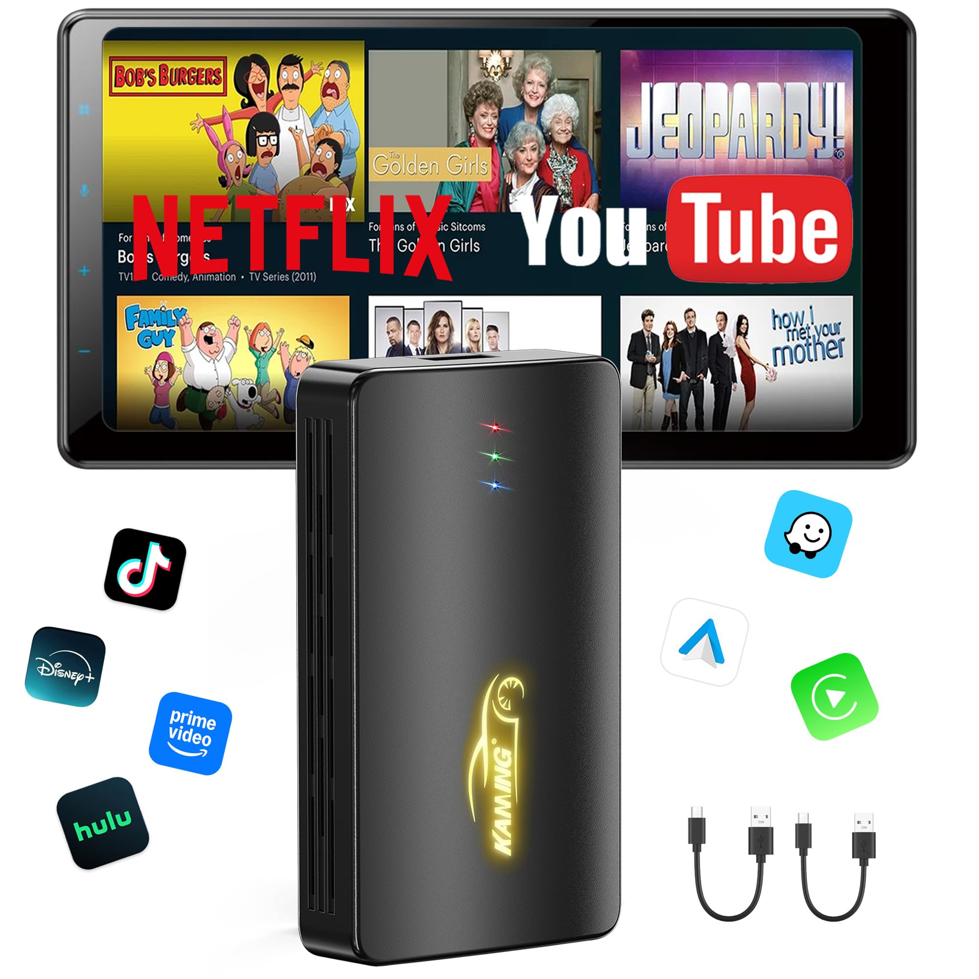 Wireless CarPlay Adapter for iPhone - Watch Netflix, YouTube, Disney+, Hulu on Car Screen | Android Auto & USB Multimedia Player | Perfect for Road Trips & Long Commutes