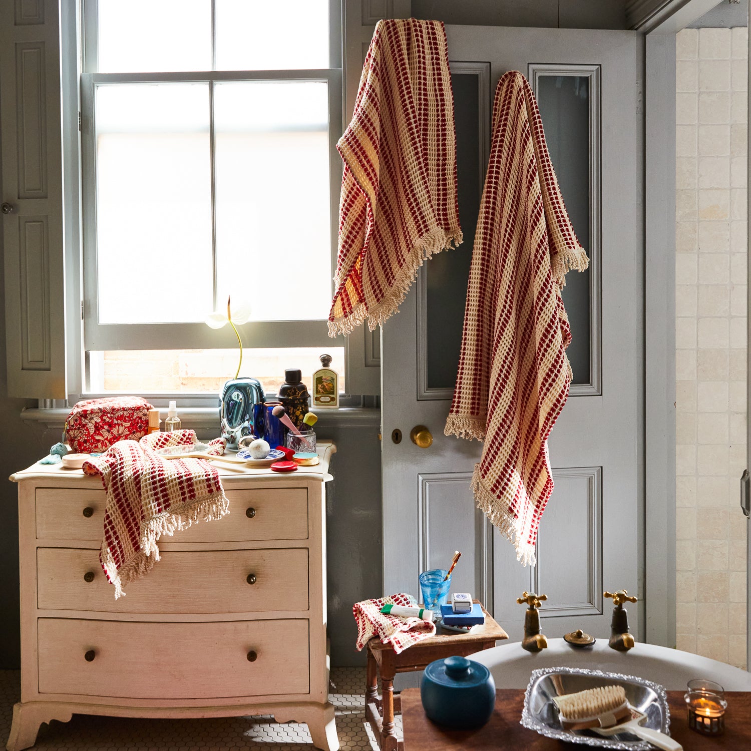Lucien Waffle Towel Set - Premium 100% Cotton Bath Towels, Scarlet Red - Soft & Absorbent for Spa, Bathroom, and Beach Use
