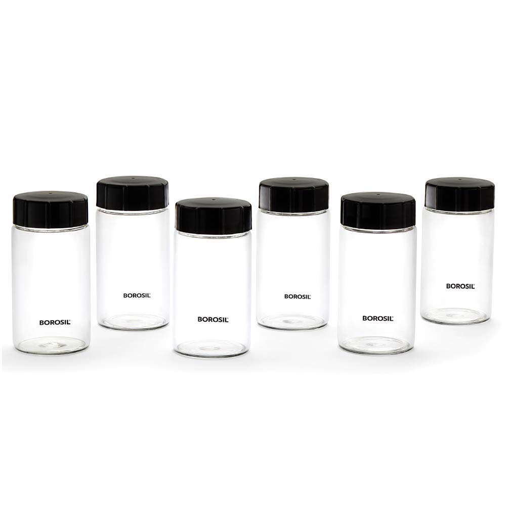 Premium Borosilicate Glass Spice Jars Set of 6 - 250ml Airtight Kitchen Storage Containers for Spices, Herbs & Tea | Transparent Neo Design | Ideal for Pantry Organization & Cooking Essentials (BVS6NEOSJ250)