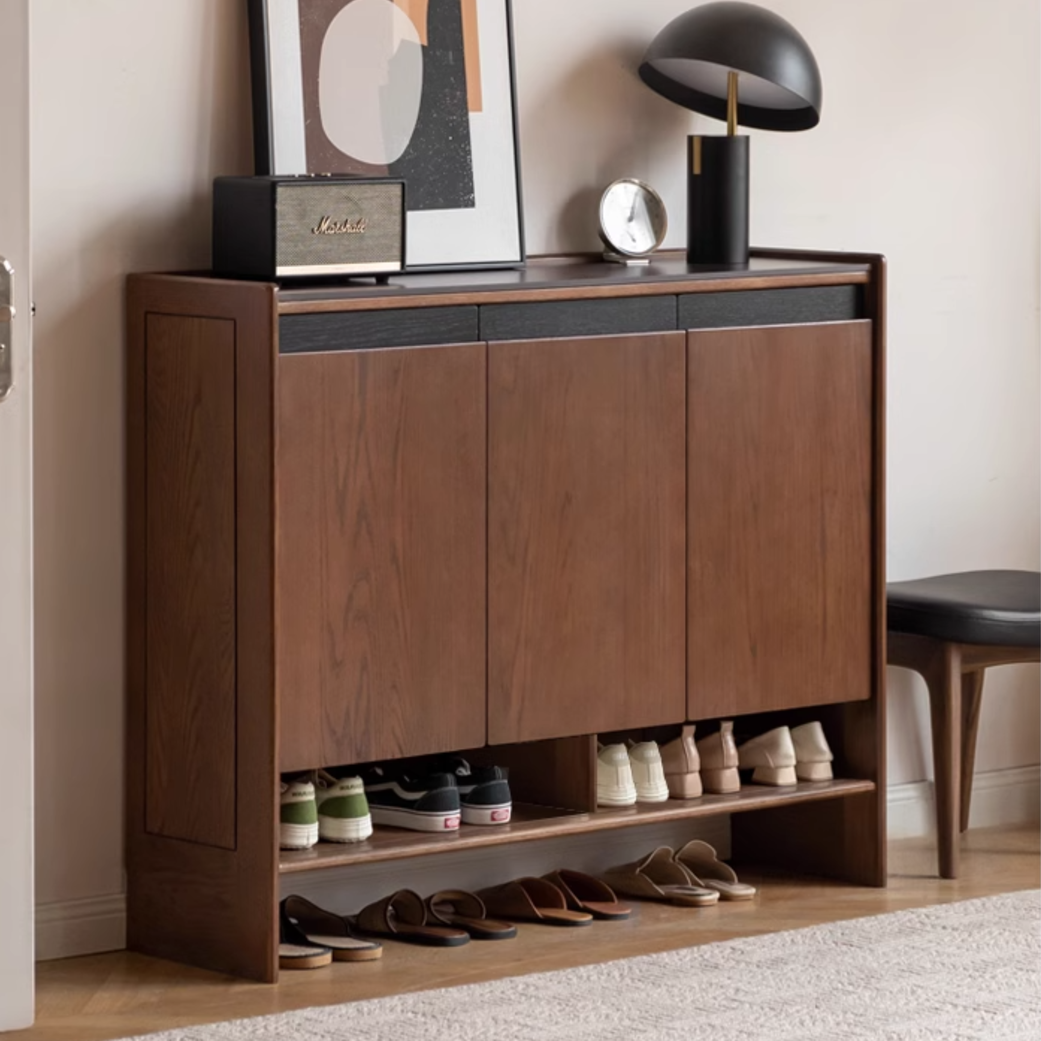 Solid Oak Wood Modern Shoe Rack with Rock Board Design - Stylish Shoe Storage for Entryway, Living Room, or Bedroom Organization