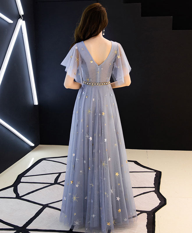 Elegant Blue A-Line Tulle Long Prom Dress & Bridesmaid Gown - Perfect for Formal Dances, Weddings, and Special Occasions