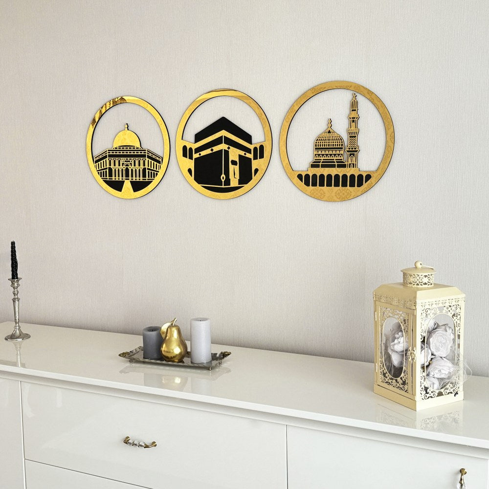 Masjid Al Aqsa Al Haram An Nabawi Islamic Wall Art - Circular Design Canvas for Muslim Home Decor & Mosque Interior