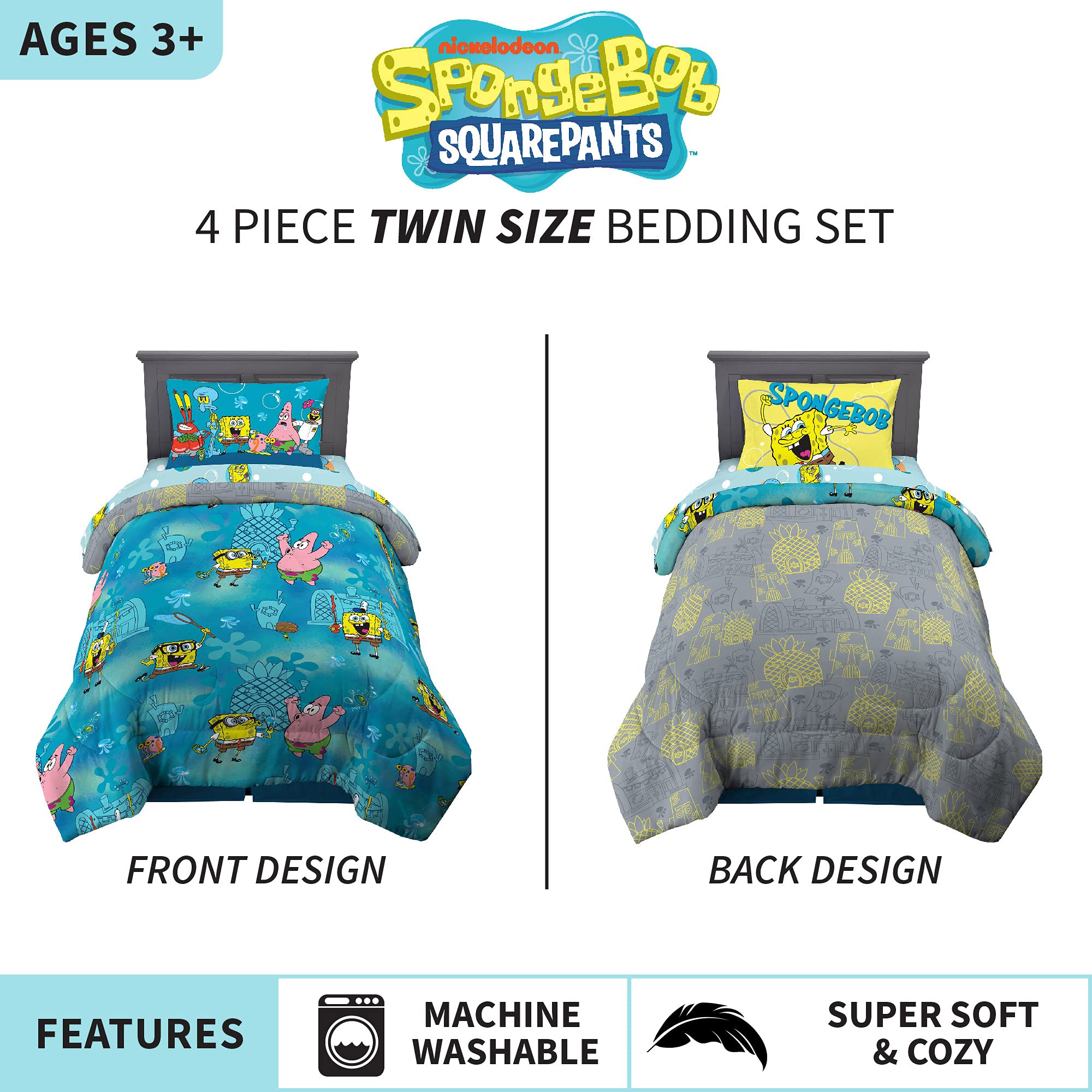 Franco Kids Bedding Set - Super Soft 4-Piece Twin Comforter & Sheet Set with Spongebob Design | Perfect for Boys & Girls Bedrooms, Sleepovers, and Themed Decor